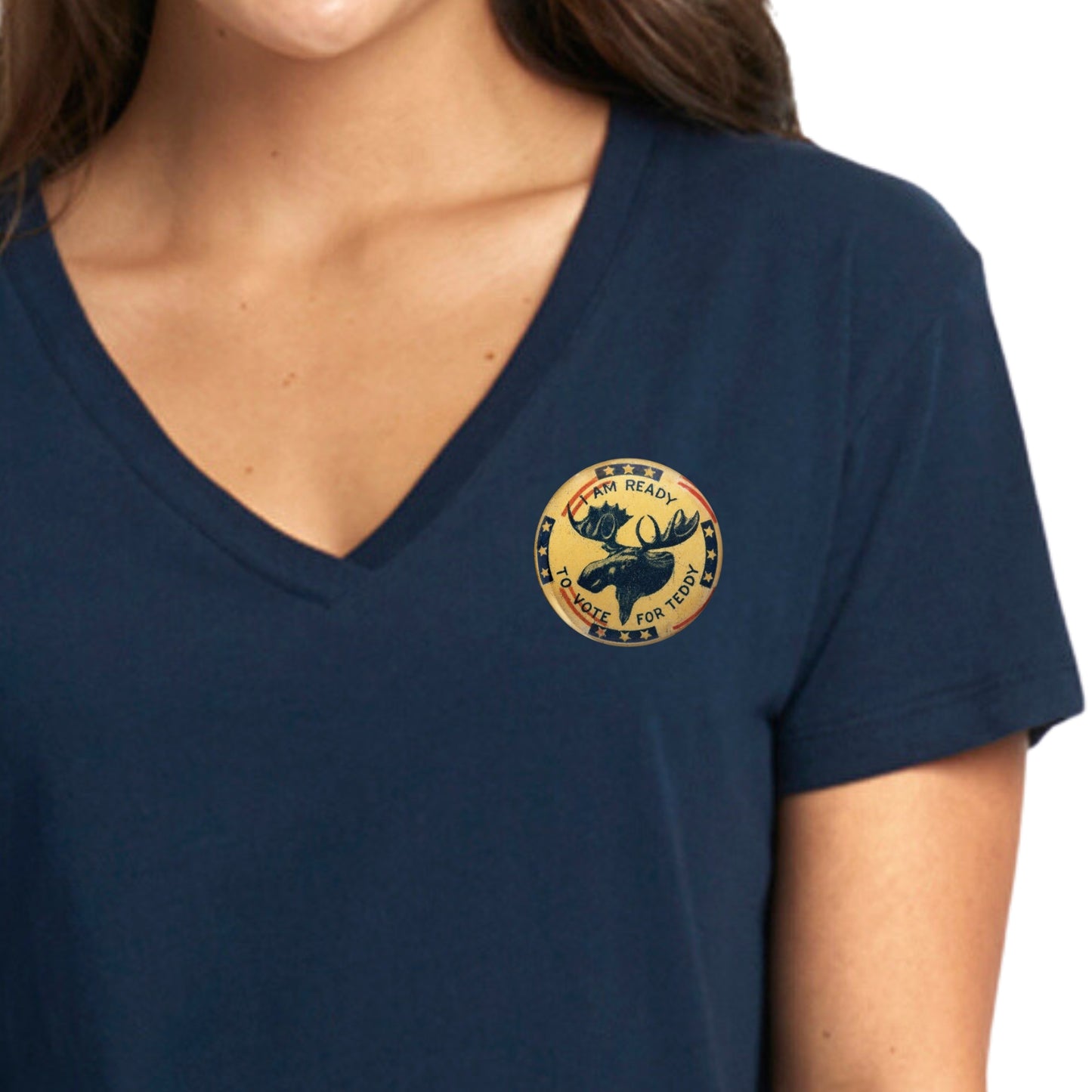 Front close-up of the Teddy Roosevelt “I’m ready to vote for Teddy” presidential campaign Women's v-neck shirt from The History List store