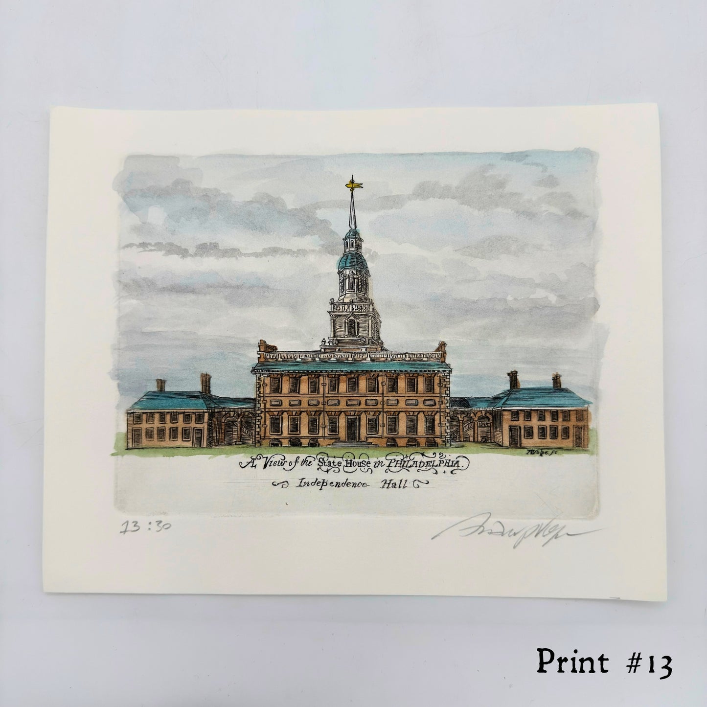 "A View of the State House in Philadelphia" Hand-Engraved and hand watercolored framed print