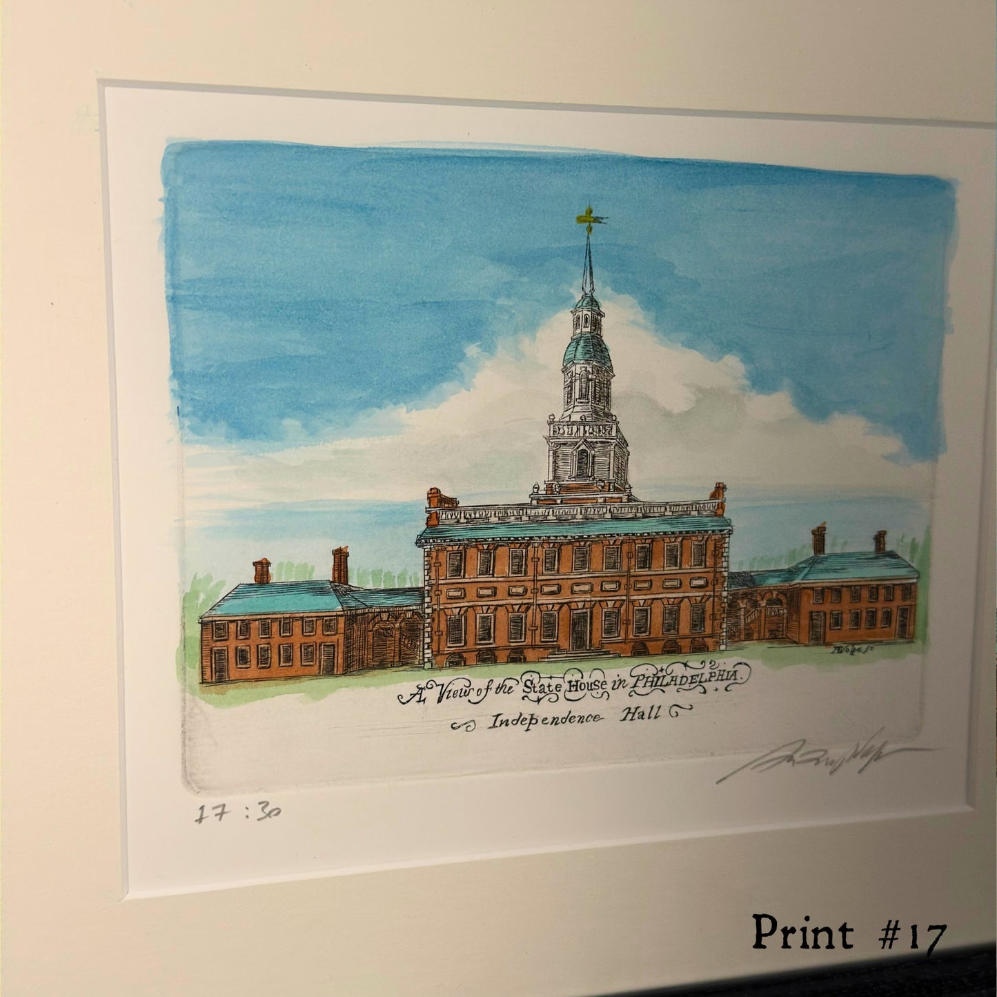 "A View of the State House in Philadelphia" Hand-Engraved and hand watercolored framed print