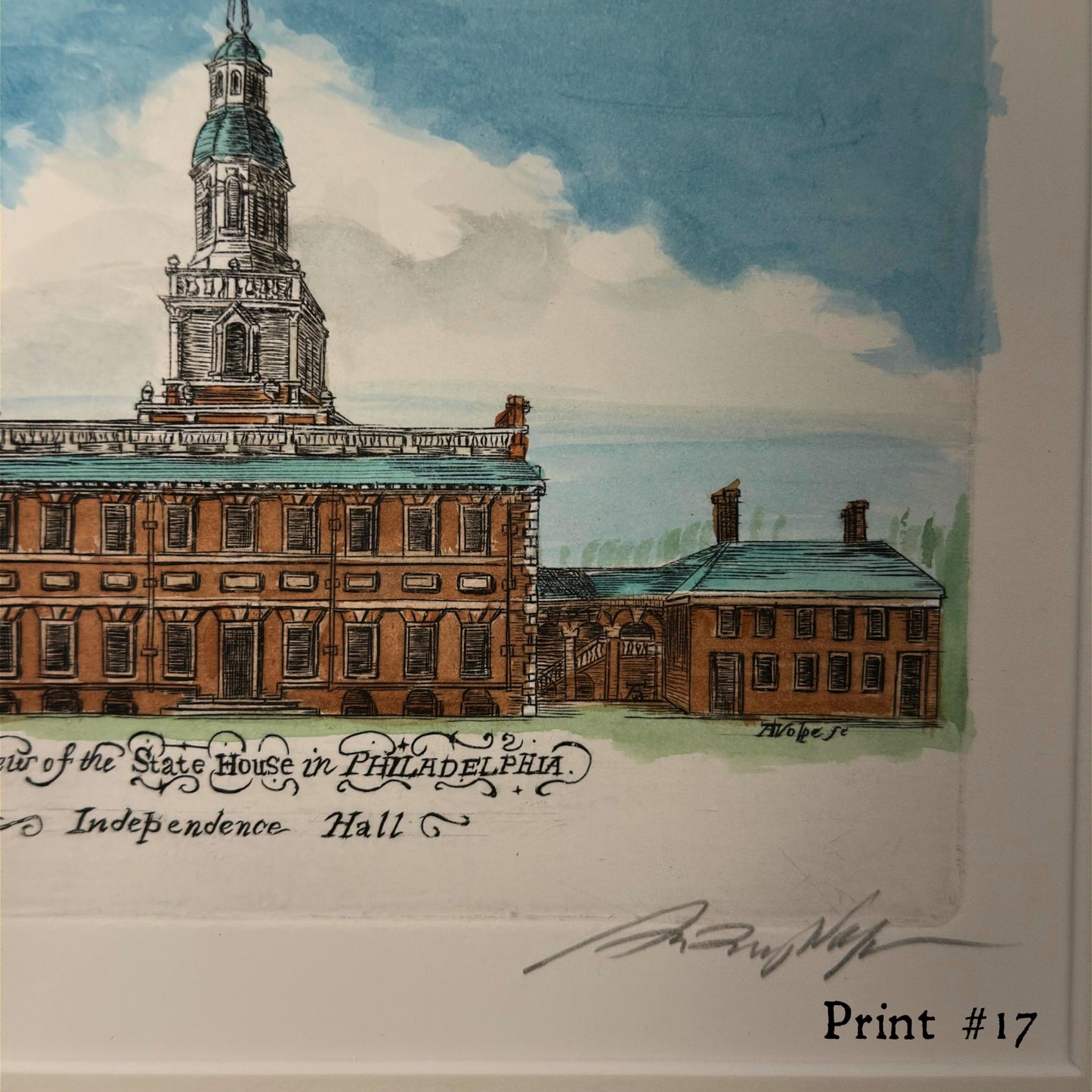 "A View of the State House in Philadelphia" Hand-Engraved and hand watercolored framed print