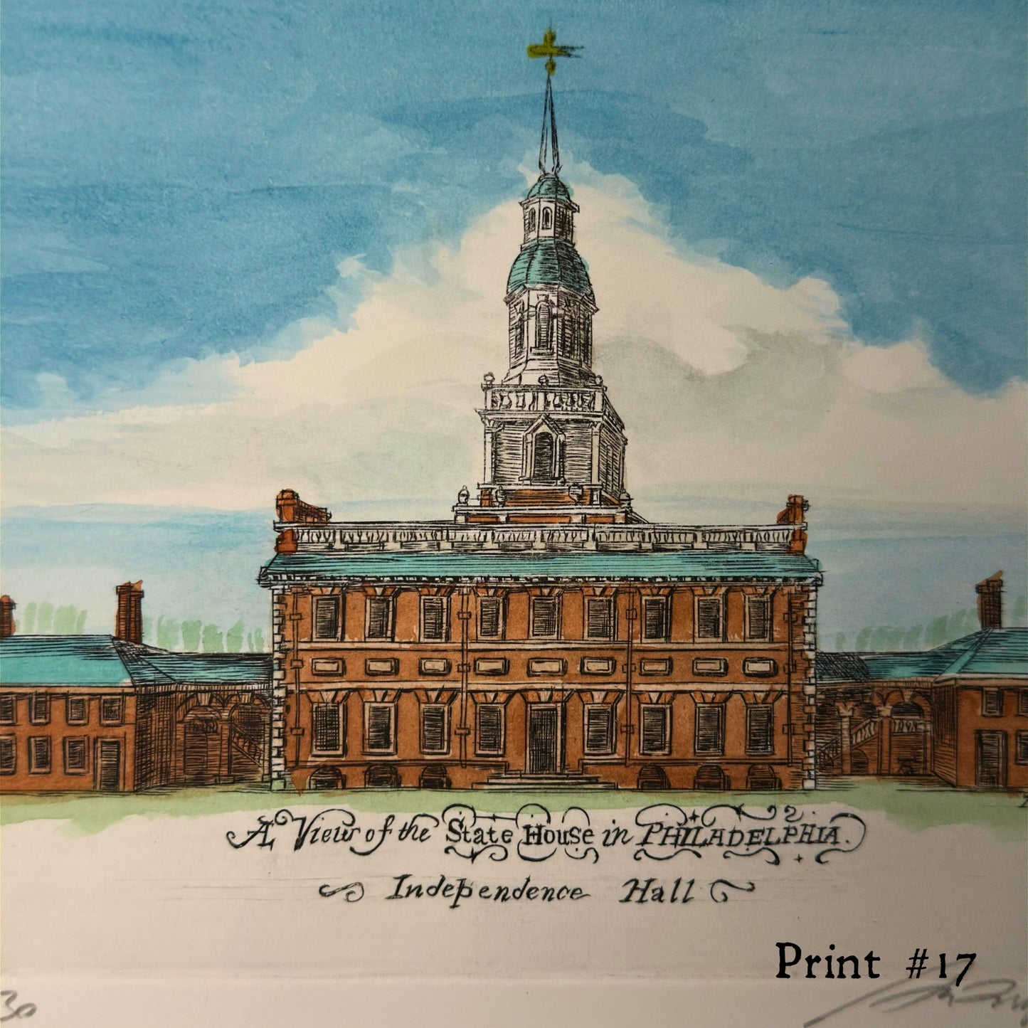 "A View of the State House in Philadelphia" Hand-Engraved and hand watercolored framed print