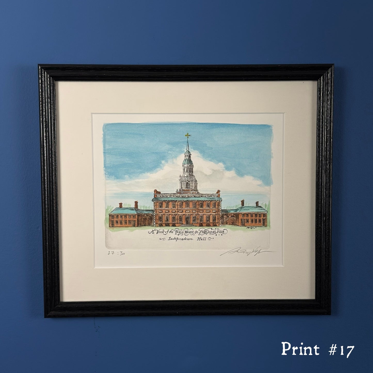 "A View of the State House in Philadelphia" Hand-Engraved and hand watercolored framed print