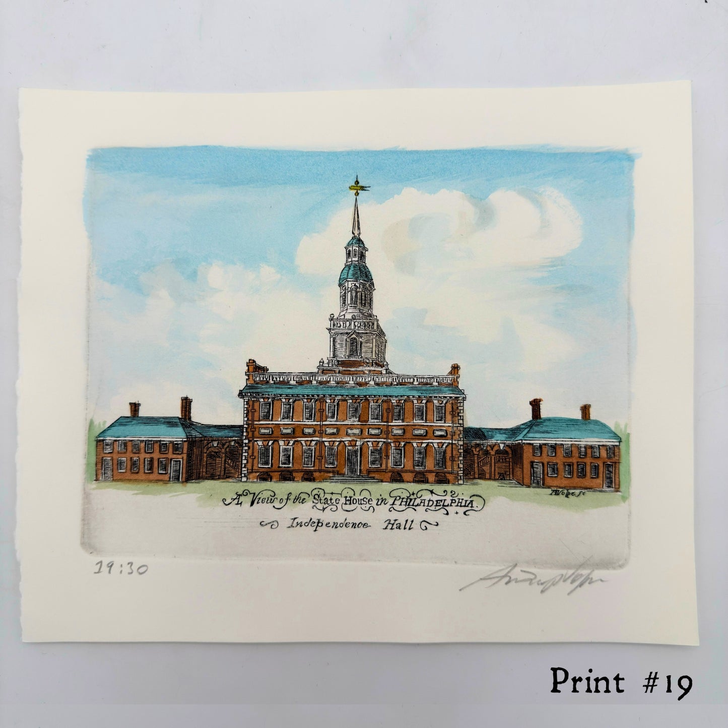 "A View of the State House in Philadelphia" Hand-Engraved and hand watercolored framed print