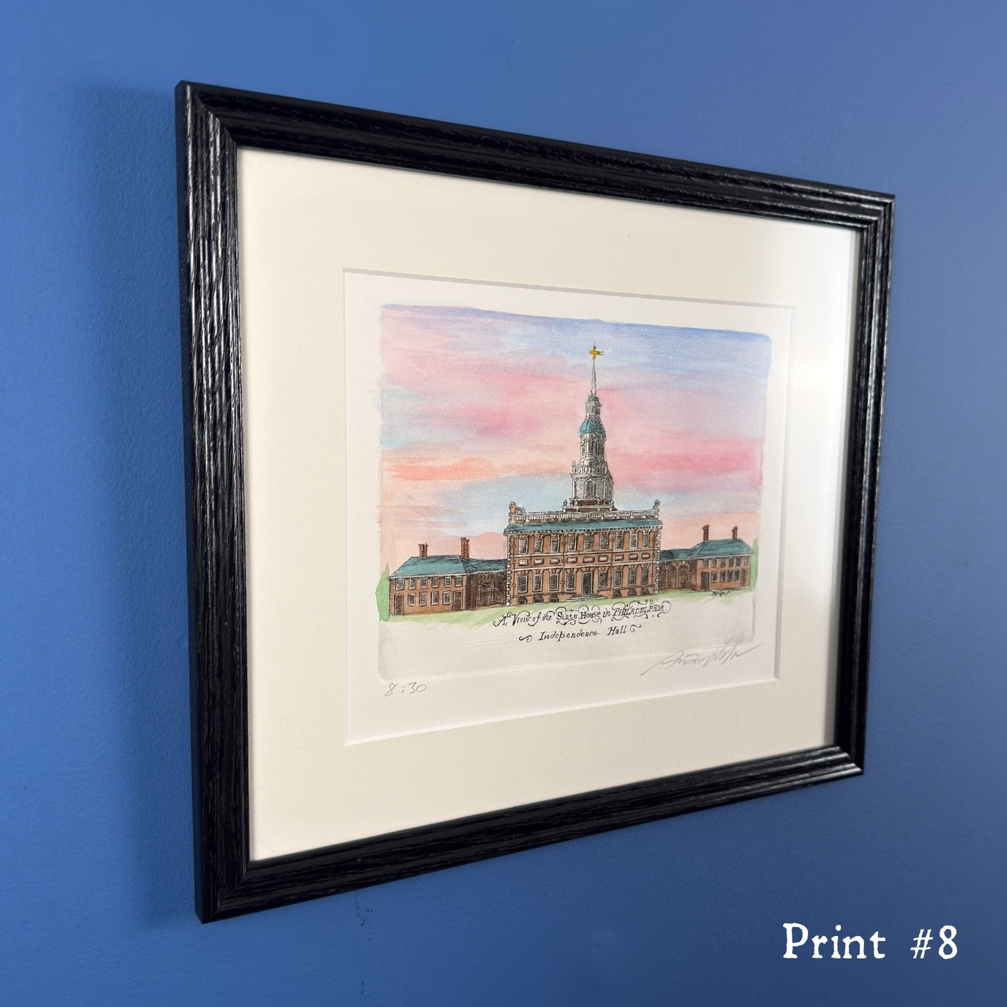 "A View of the State House in Philadelphia" Hand-Engraved and hand watercolored framed print