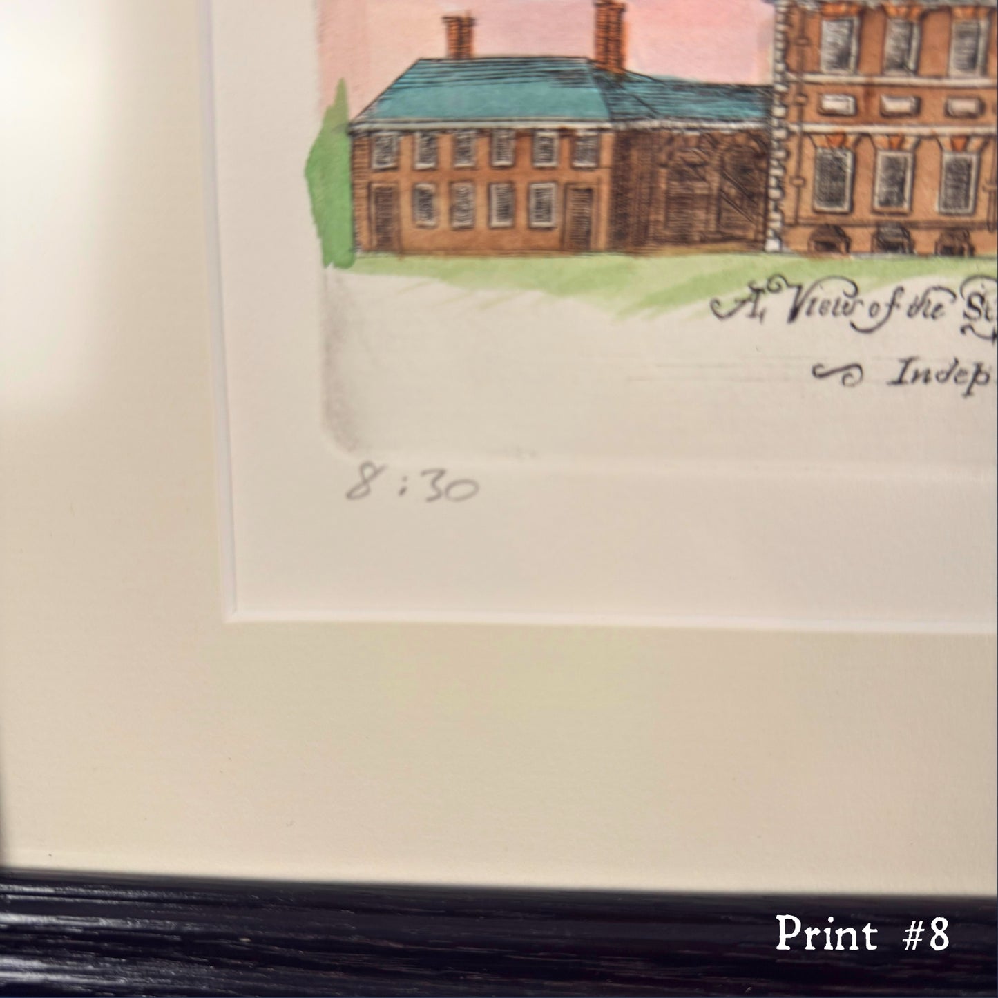 "A View of the State House in Philadelphia" Hand-Engraved and hand watercolored framed print