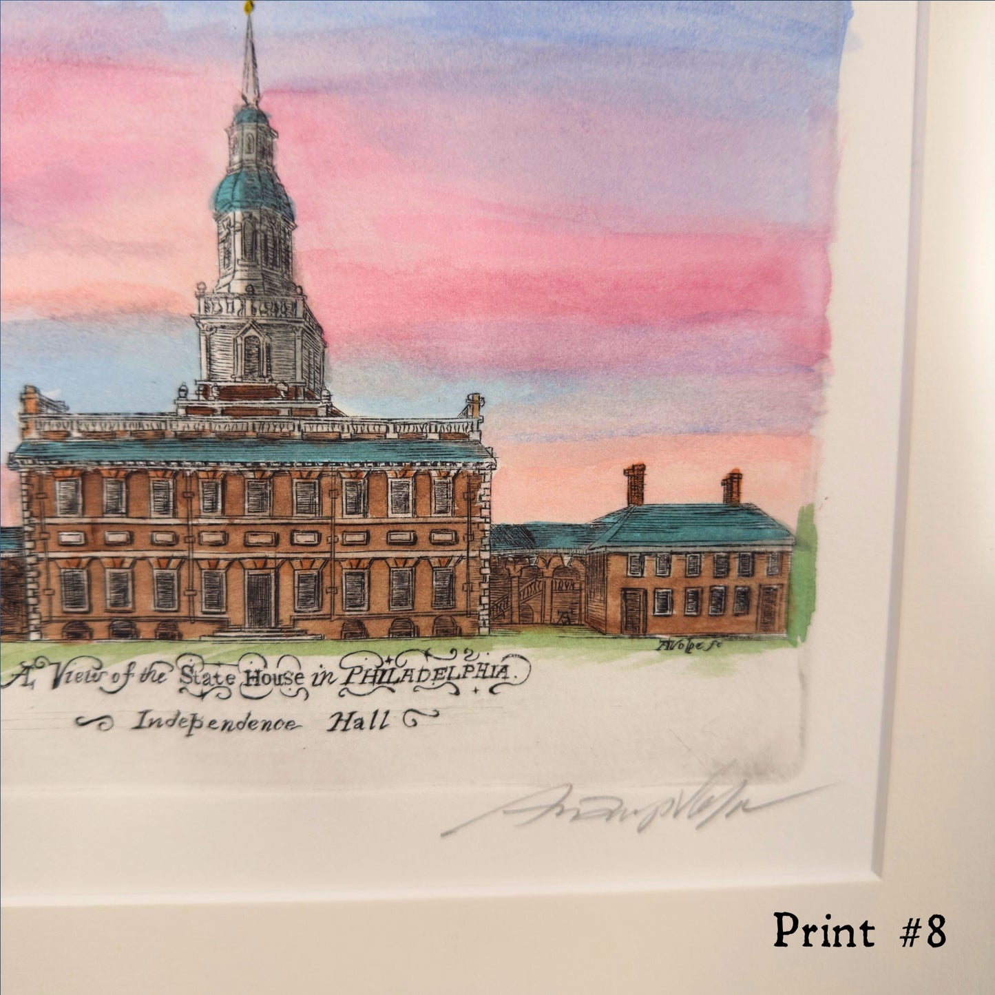 "A View of the State House in Philadelphia" Hand-Engraved and hand watercolored framed print