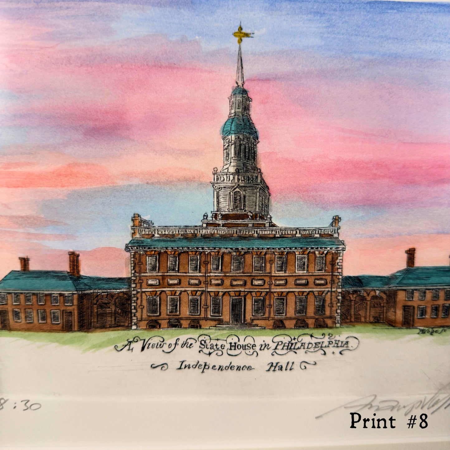 "A View of the State House in Philadelphia" Hand-Engraved and hand watercolored framed print