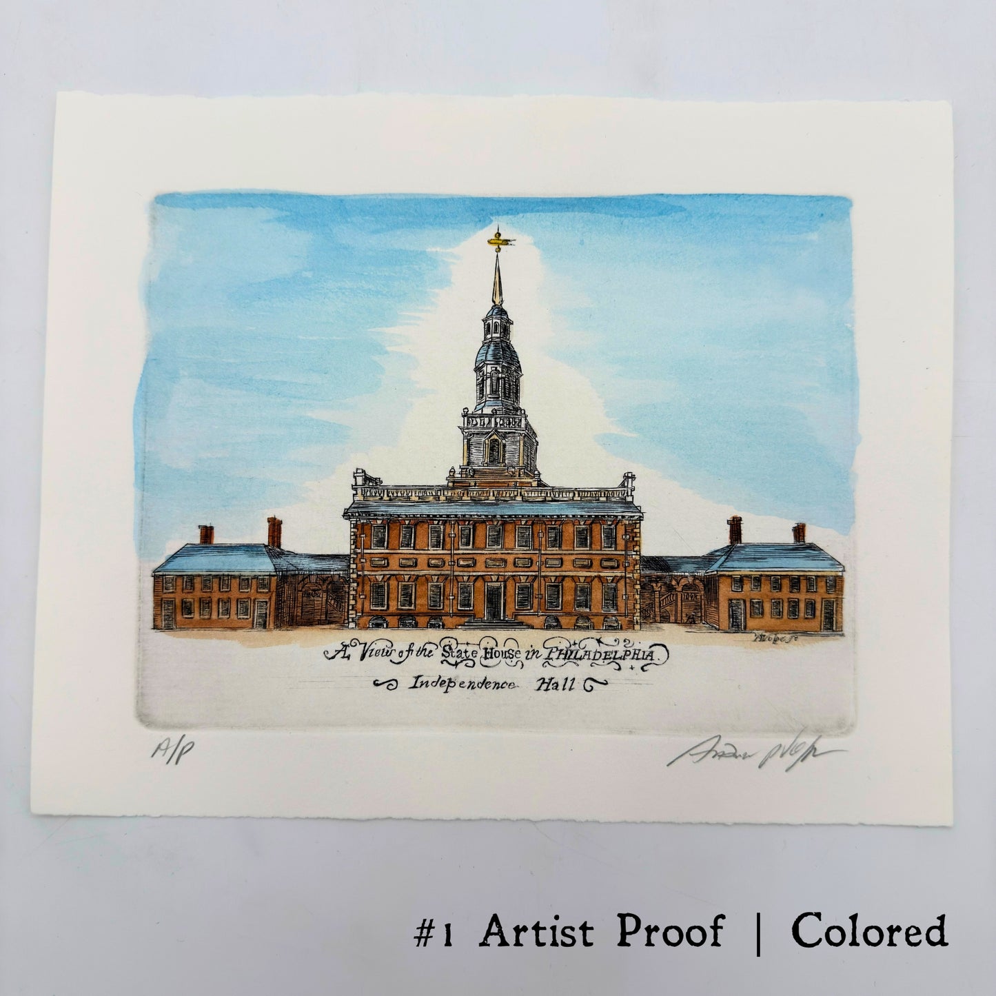 "A View of the State House in Philadelphia" Hand-Engraved and hand watercolored framed print