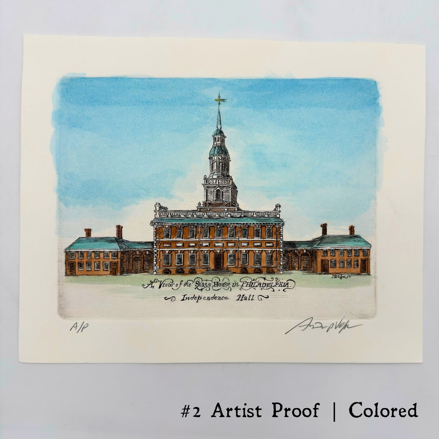 "A View of the State House in Philadelphia" Hand-Engraved and hand watercolored framed print