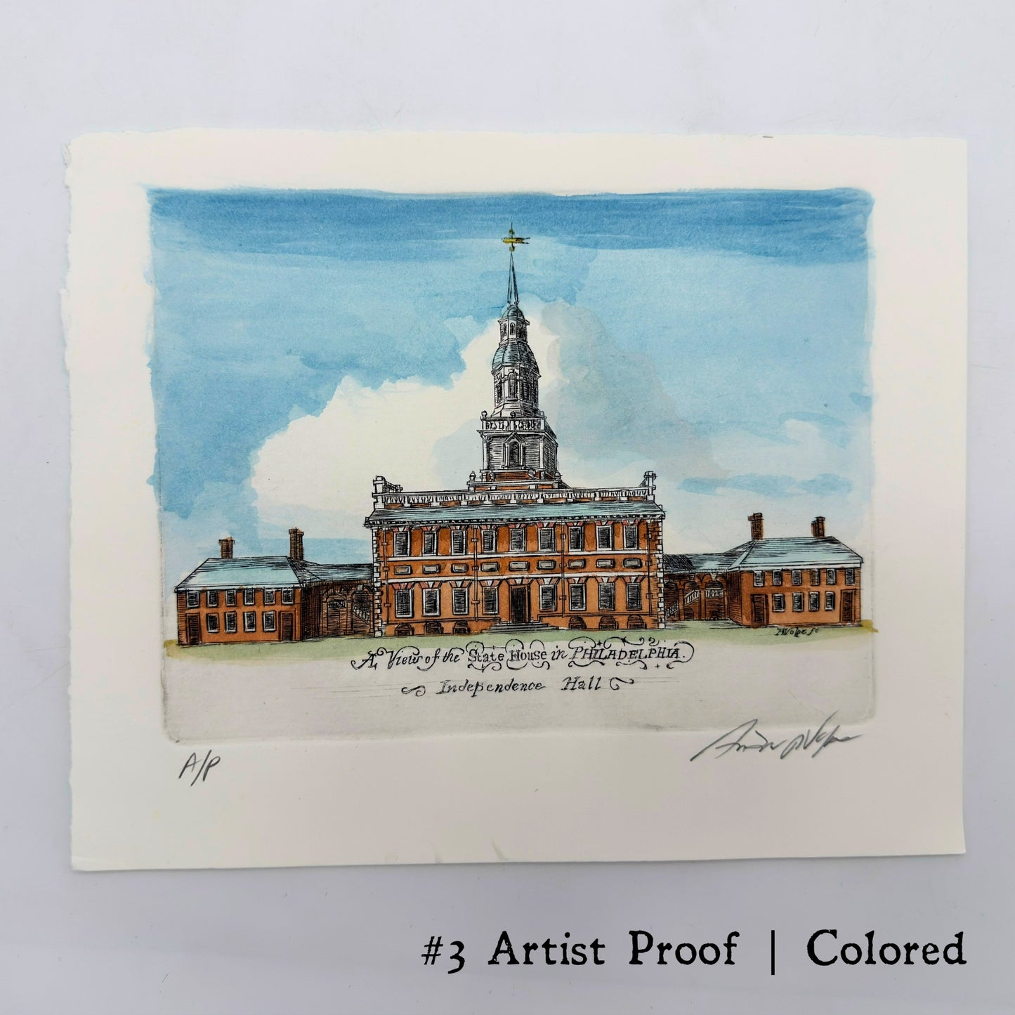 "A View of the State House in Philadelphia" Hand-Engraved and hand watercolored framed print
