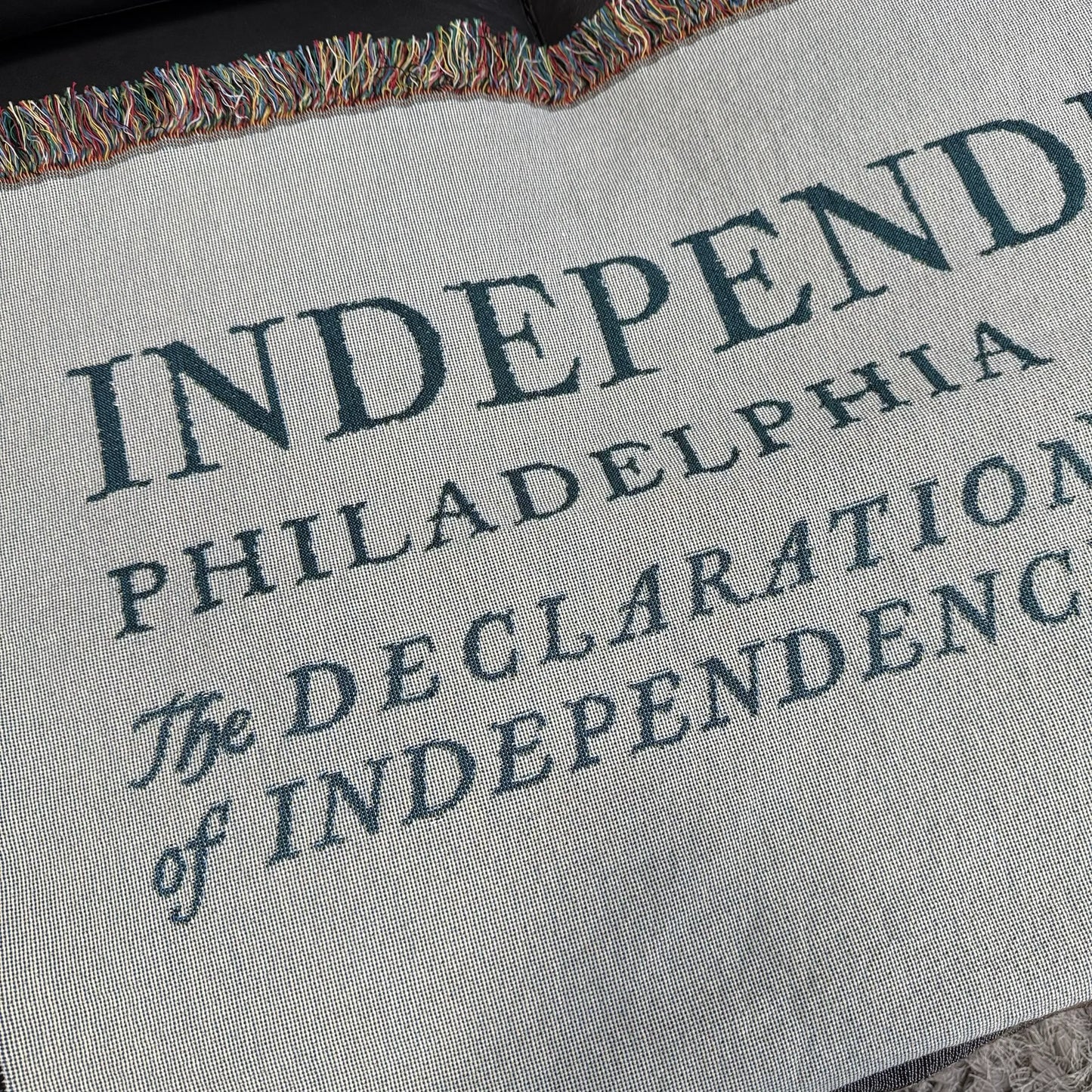 Close-up of Independence Hall Made in America woven blanket from The History List store