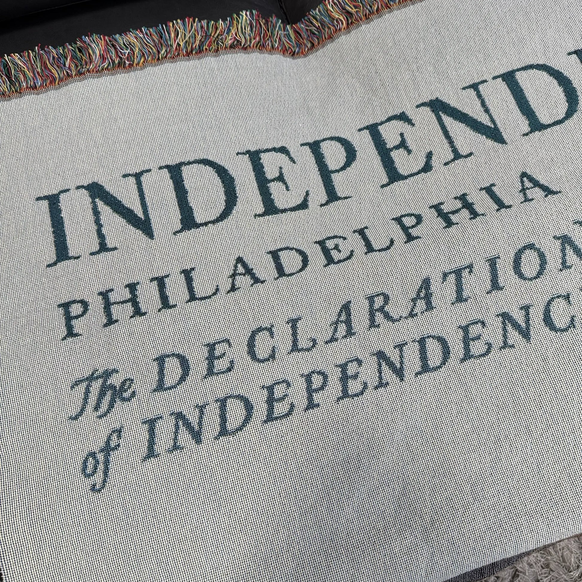 Close-up of Independence Hall Made in America woven blanket from The History List store