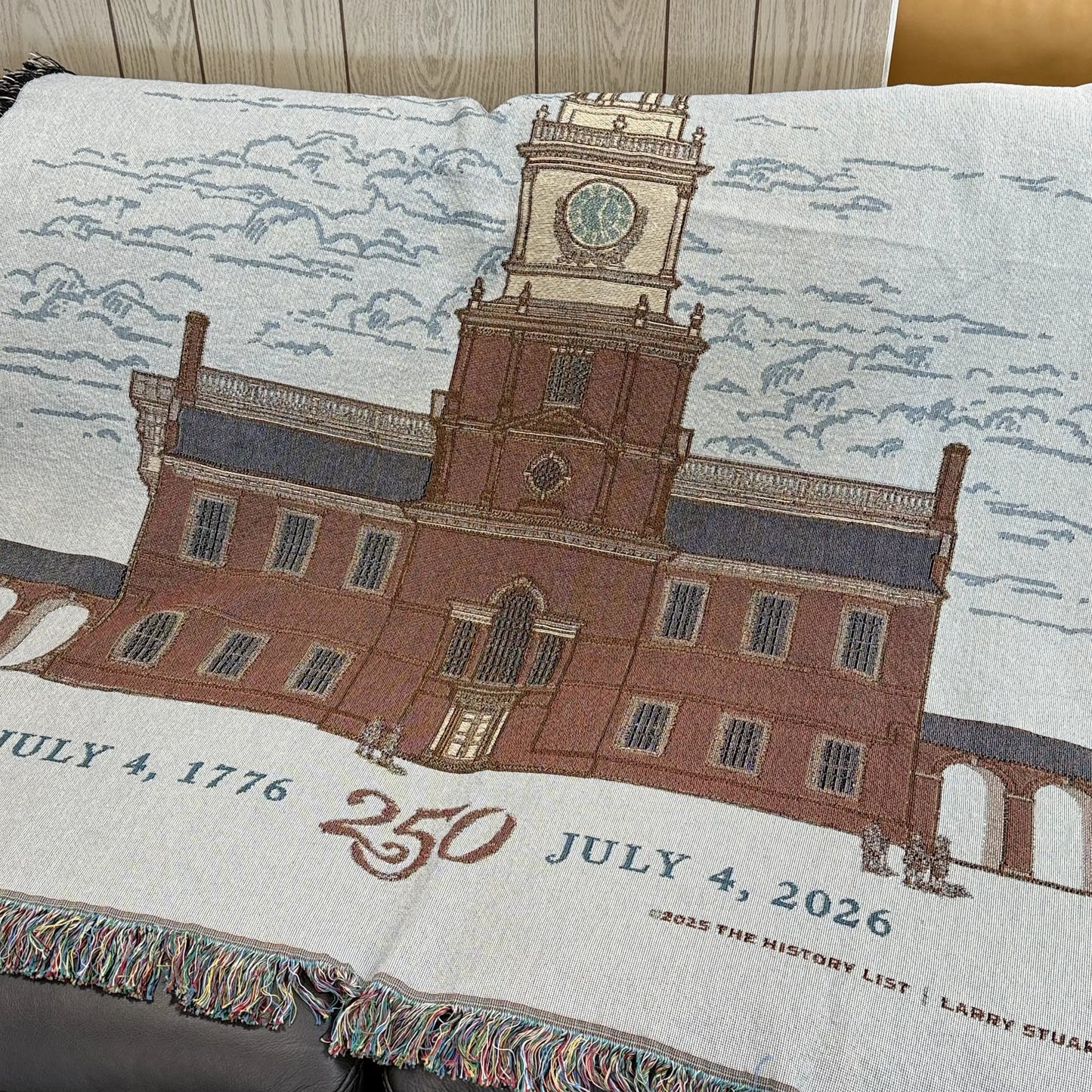 Building close-up of Independence Hall Made in America woven blanket from The History List store