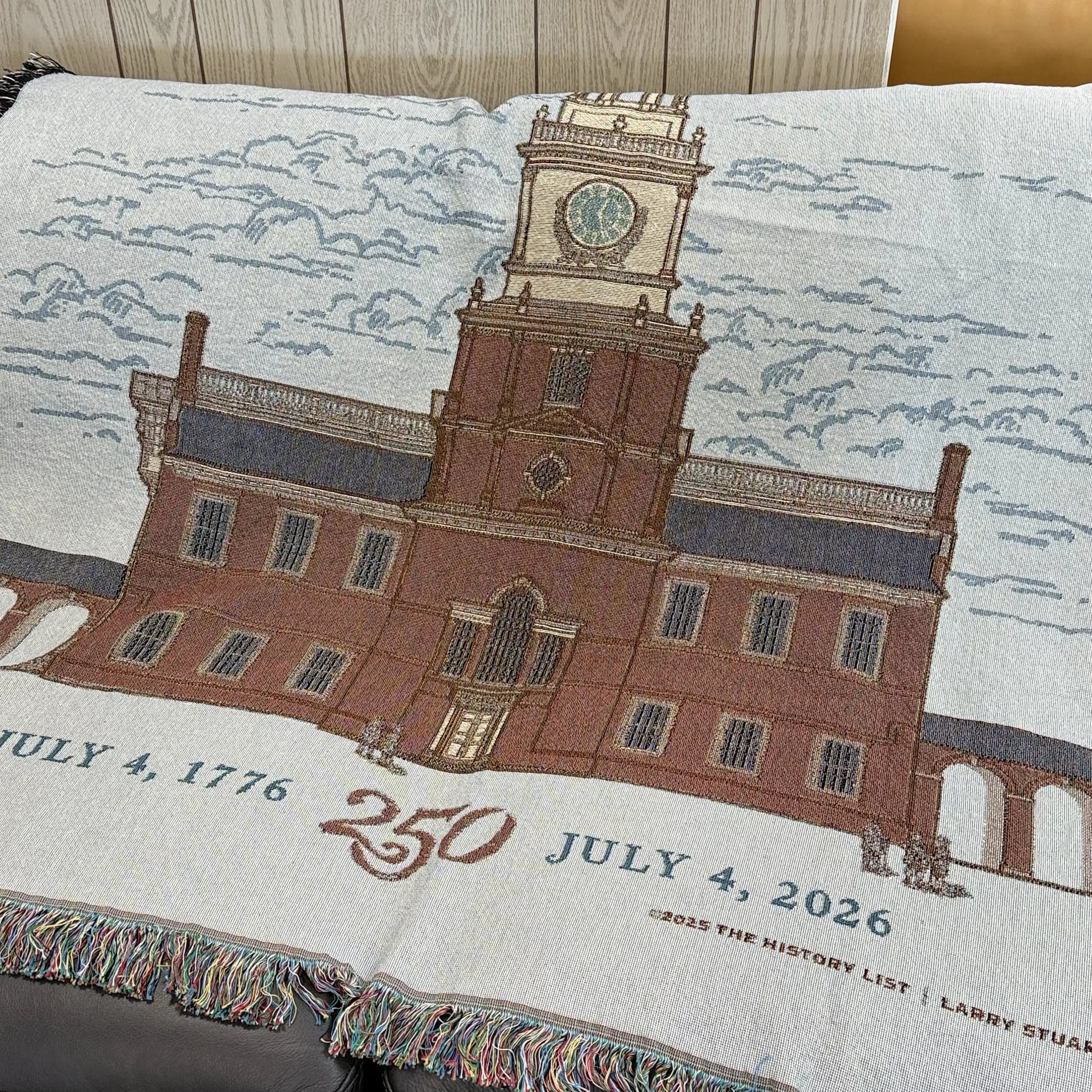 Building close-up of Independence Hall Made in America woven blanket from The History List store