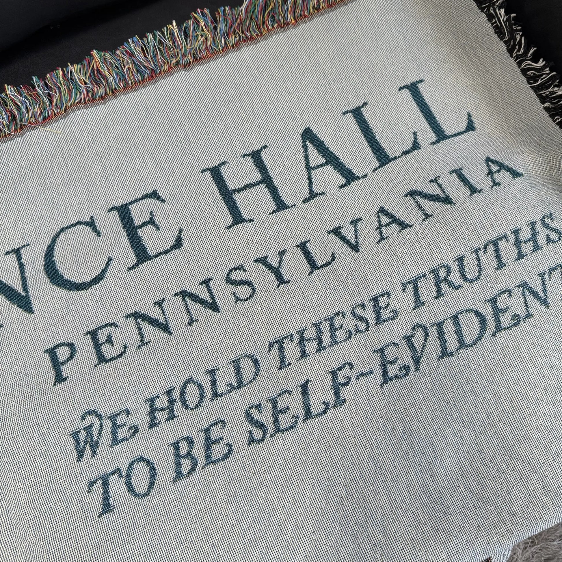 Close-up shot of Independence Hall Made in America woven blanket from The History List store