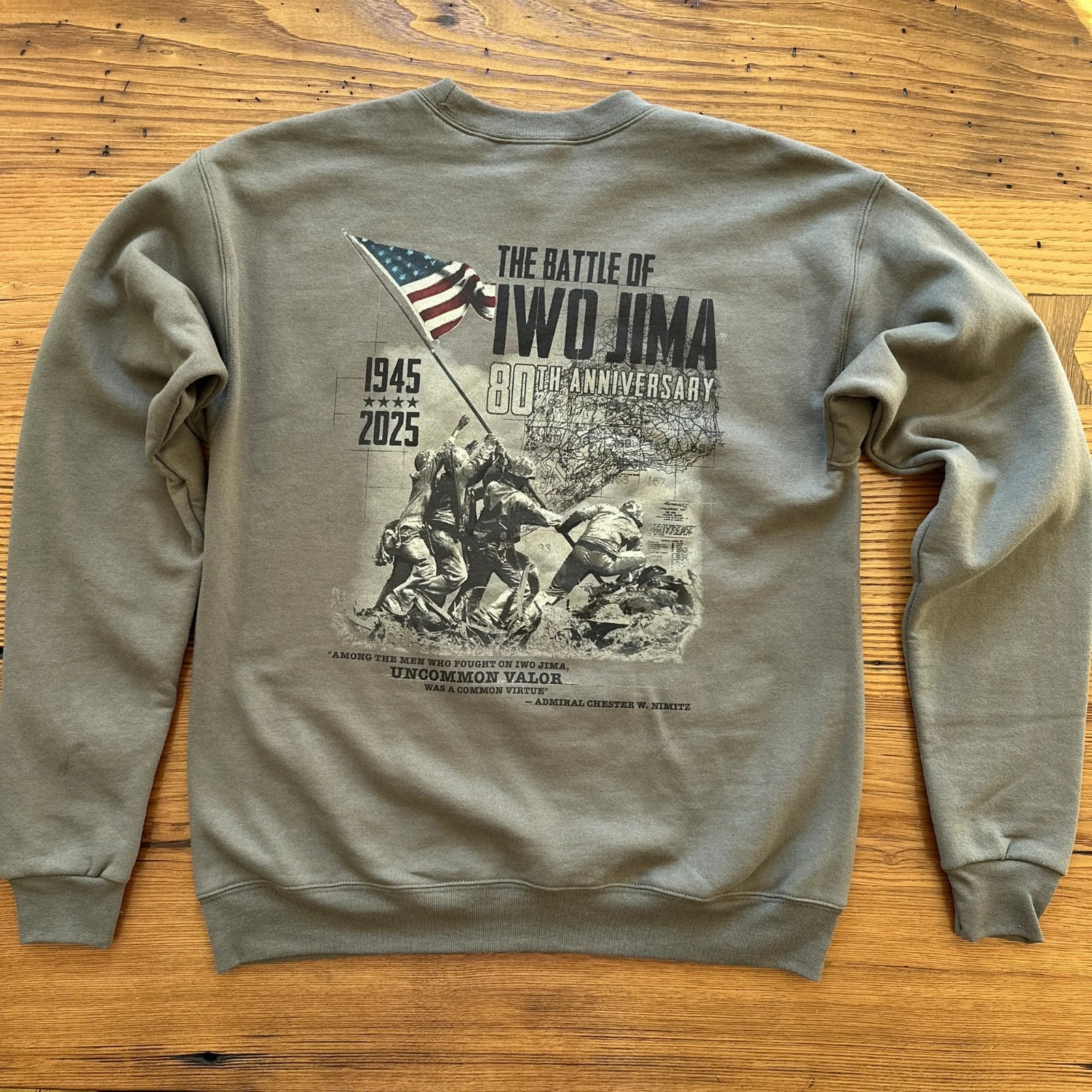 Back of Flag raising on Mount Suribachi - 80th Anniversary of the Battle of Iwo Jima Crewneck sweatshirt from The History List store