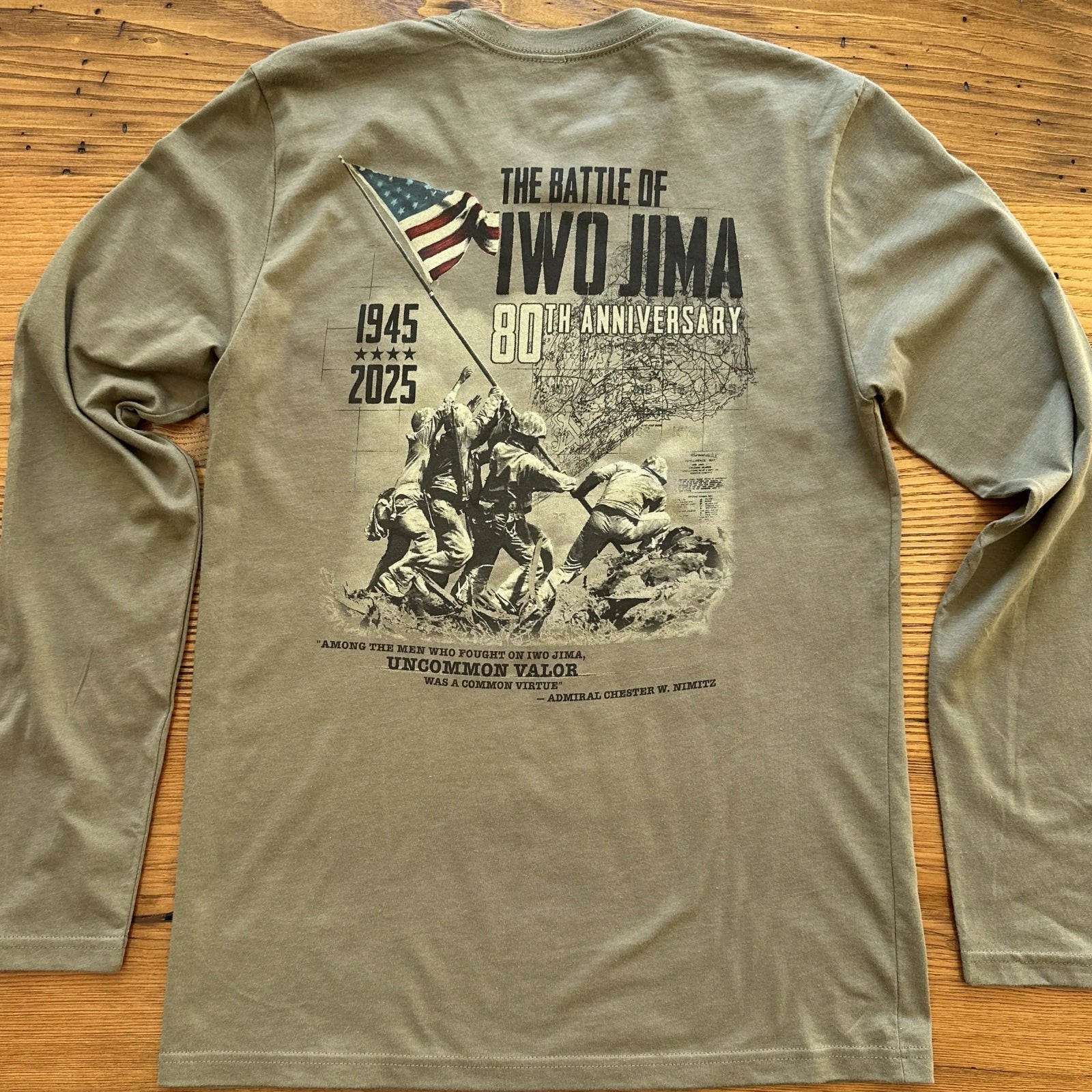 Back of Flag raising on Mount Suribachi - 80th Anniversary of the Battle of Iwo Jima Long-sleeved shirt from The History List store