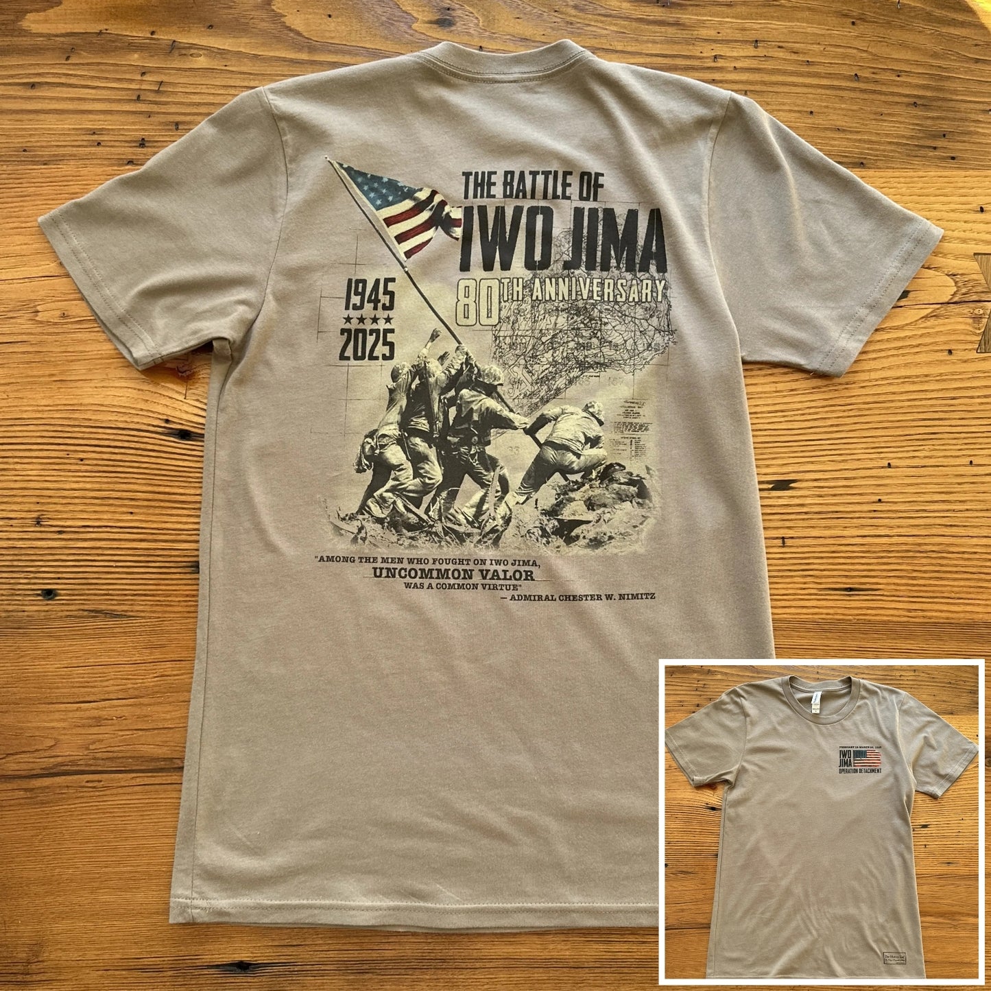 Flag raising on Mount Suribachi - 80th Anniversary of the Battle of Iwo Jima Made in America Shirt from The History List store in Coyote brown