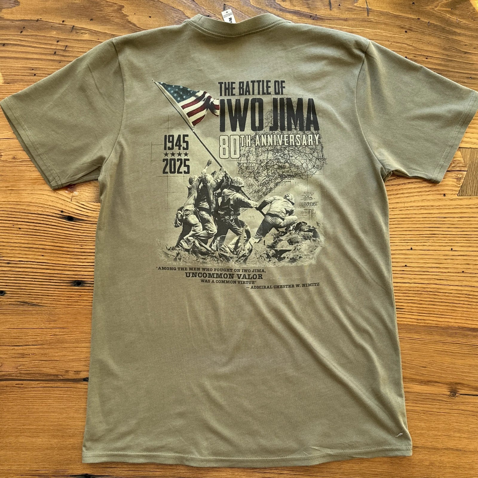 Back of Flag raising on Mount Suribachi - 80th Anniversary of the Battle of Iwo Jima Made in America Shirt from The History List store in Military green