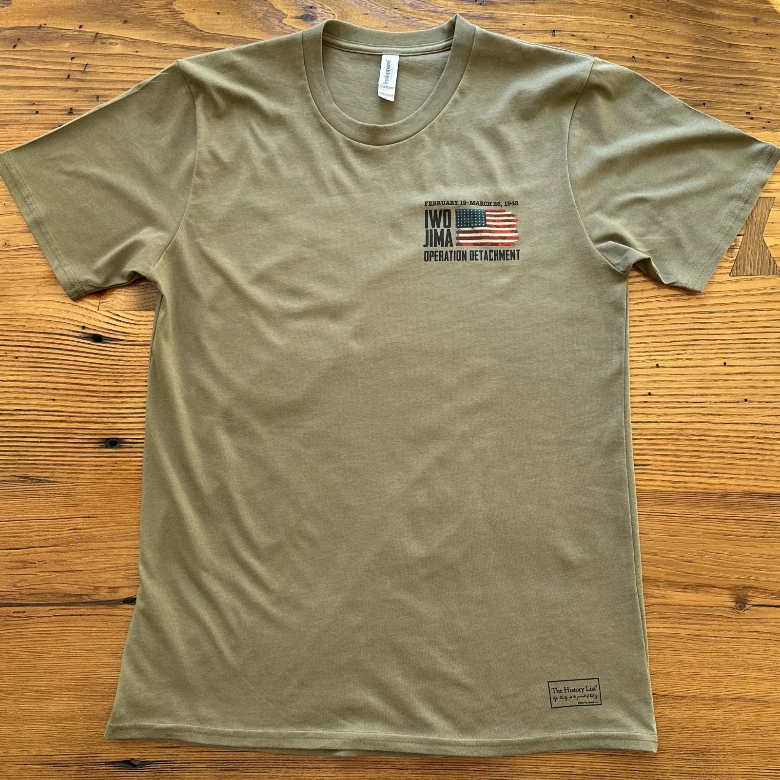 Front of Flag raising on Mount Suribachi - 80th Anniversary of the Battle of Iwo Jima Made in America Shirt from The History List store in Military green