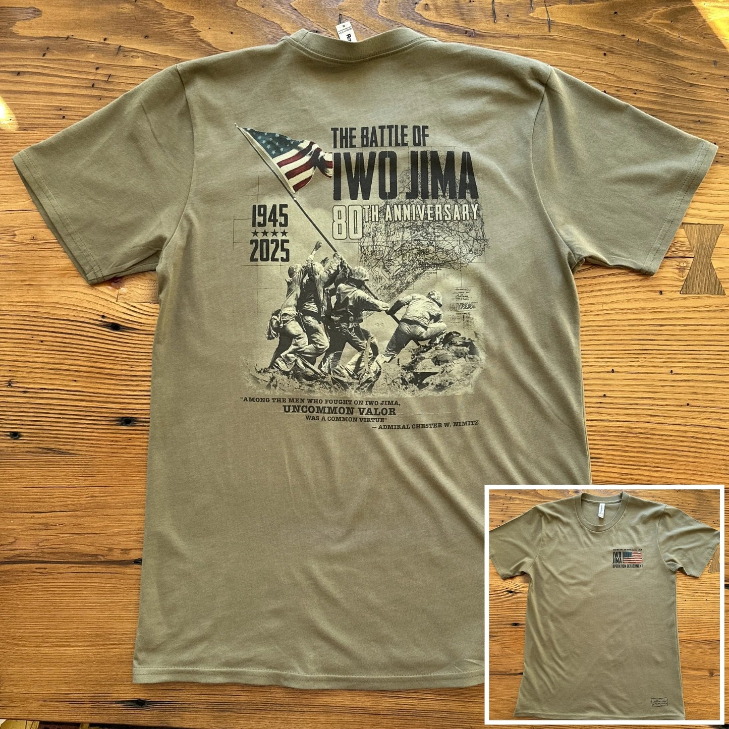 Flag raising on Mount Suribachi - 80th Anniversary of the Battle of Iwo Jima Made in America Shirt from The History List store in Military green