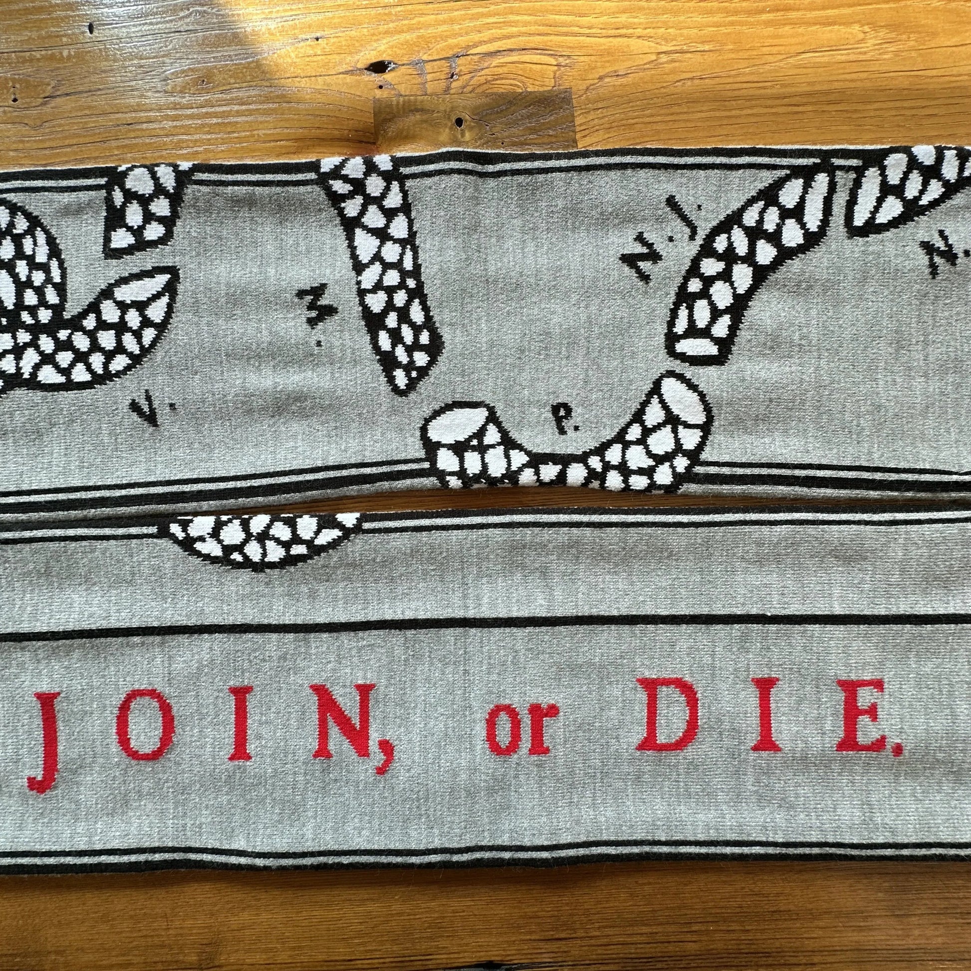 Join or Die text from the "Join or Die" woven scarf — Made in America from The History List store