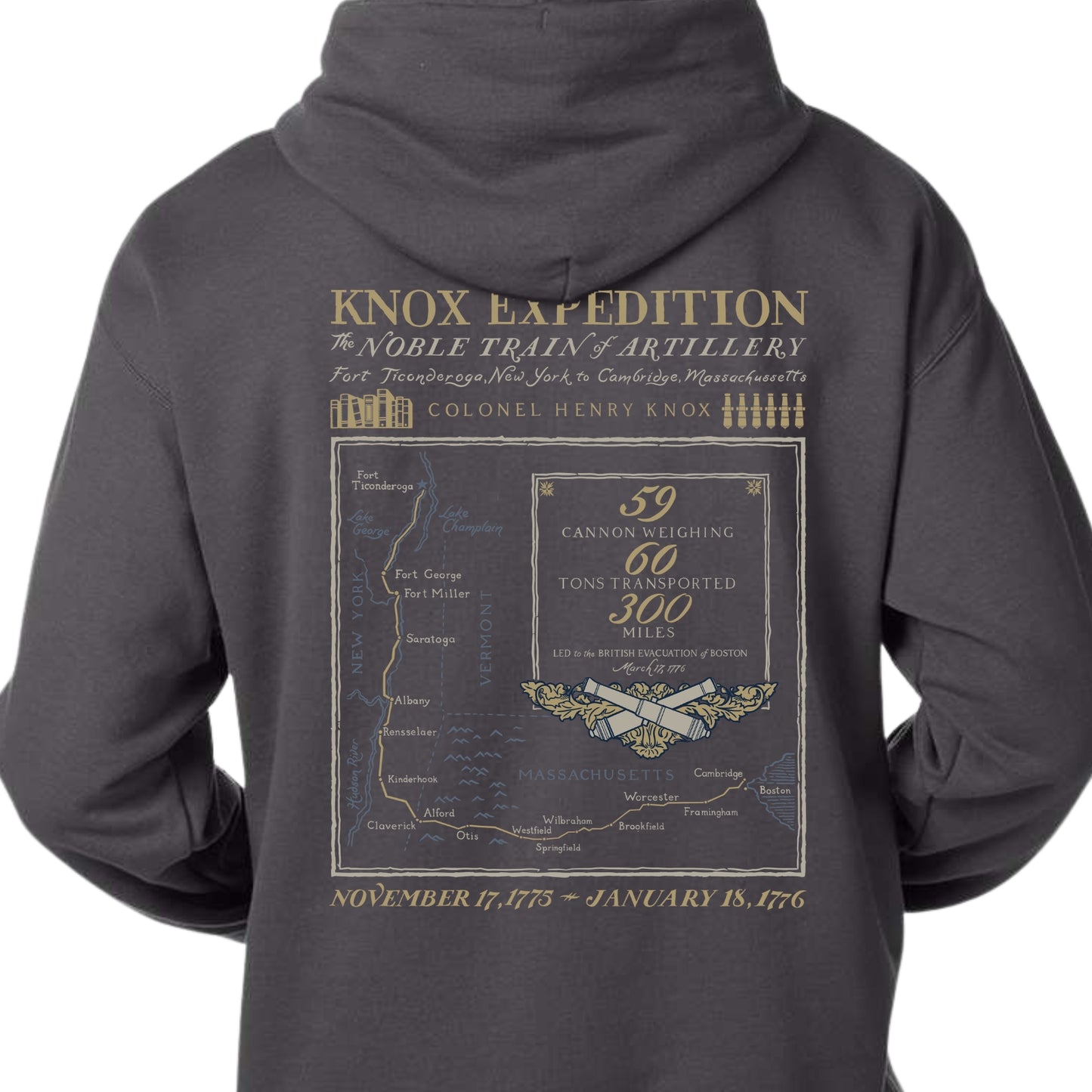 Back of the Henry Knox's Noble Train of Artillery Hooded sweatshirt in Dark Grey  from The History List Store.