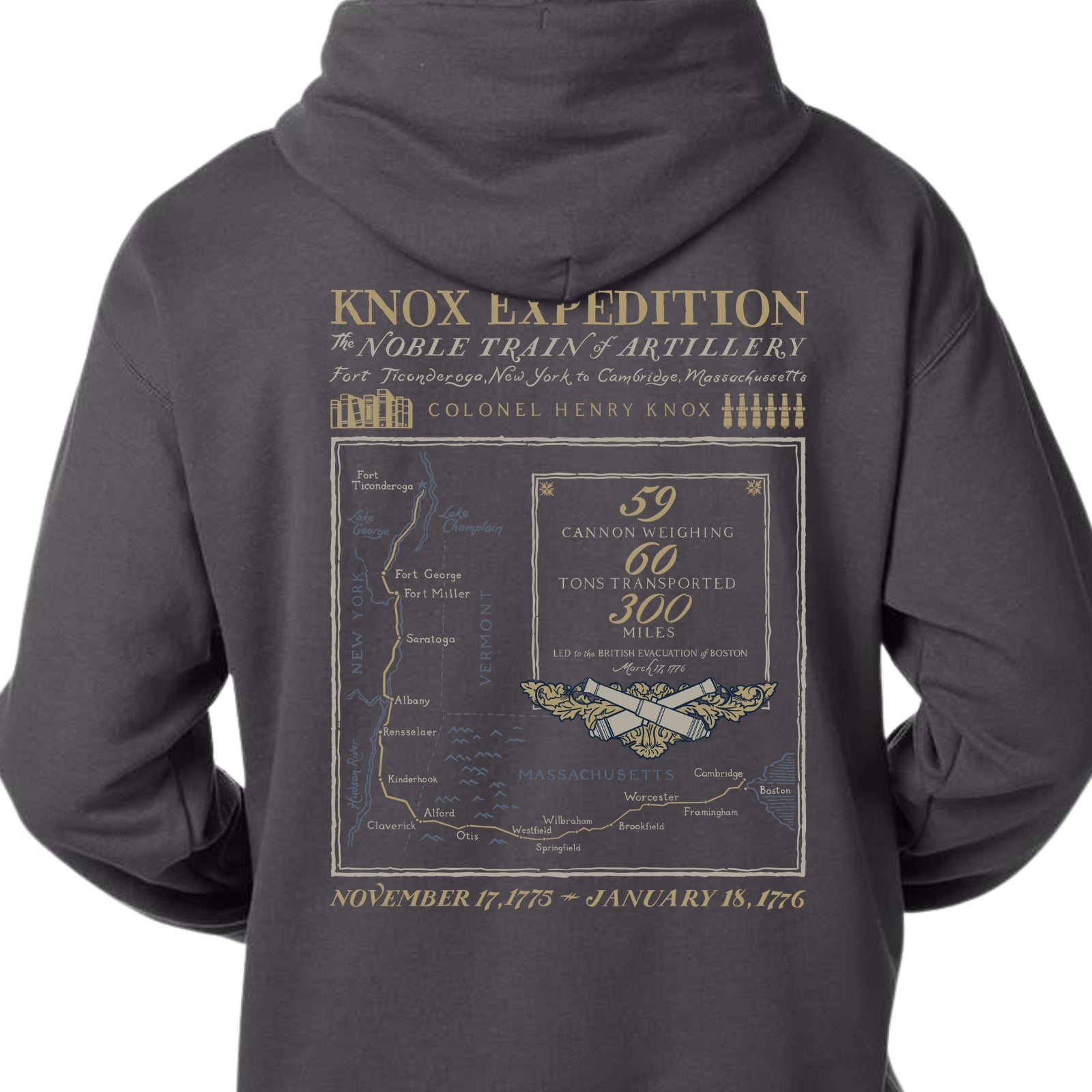 Back of the Henry Knox's Noble Train of Artillery Hooded sweatshirt in Dark Grey  from The History List Store.