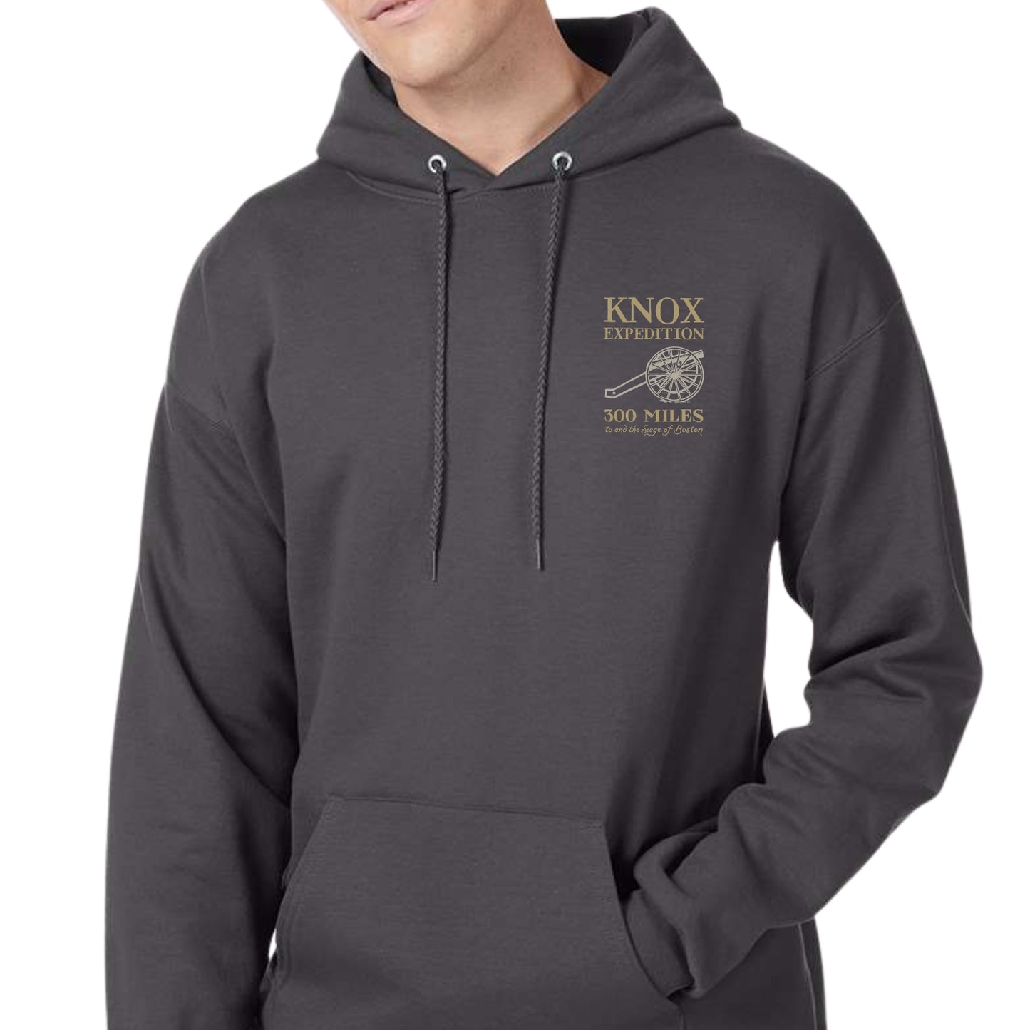Front view of the Henry Knox's Noble Train of Artillery Hooded sweatshirt in Dark Grey from The History List Store.