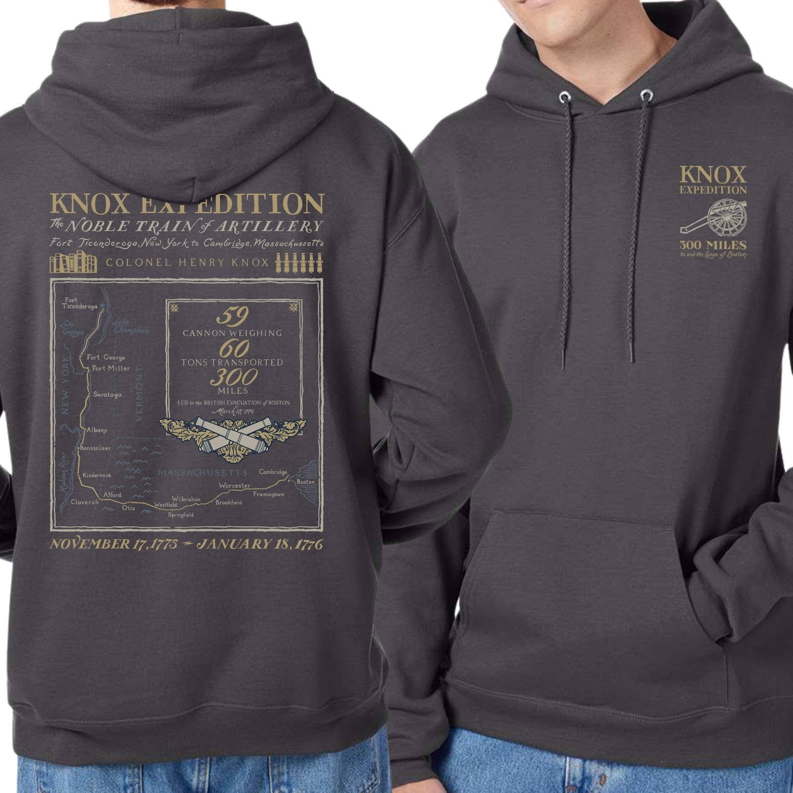 Henry Knox's Noble Train of Artillery Hooded sweatshirt in Dark Grey from The History List Store.