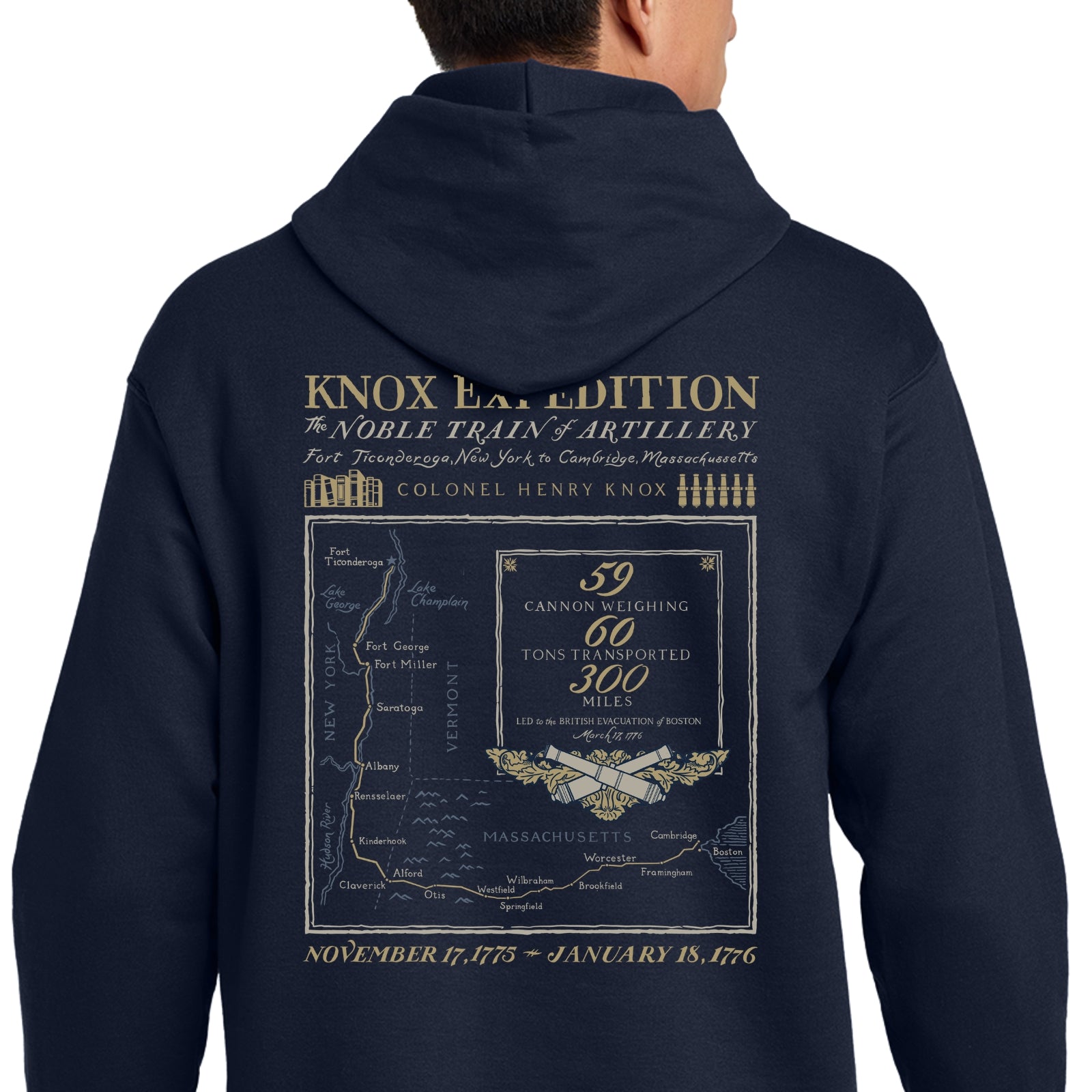 Back of the Henry Knox's Noble Train of Artillery Hooded sweatshirt in Navy Blue from The History List Store.