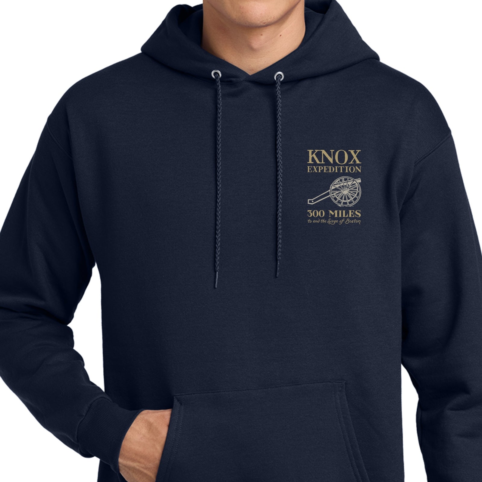 Front view of the Henry Knox's Noble Train of Artillery Hooded sweatshirt in Navy Blue from The History List Store.