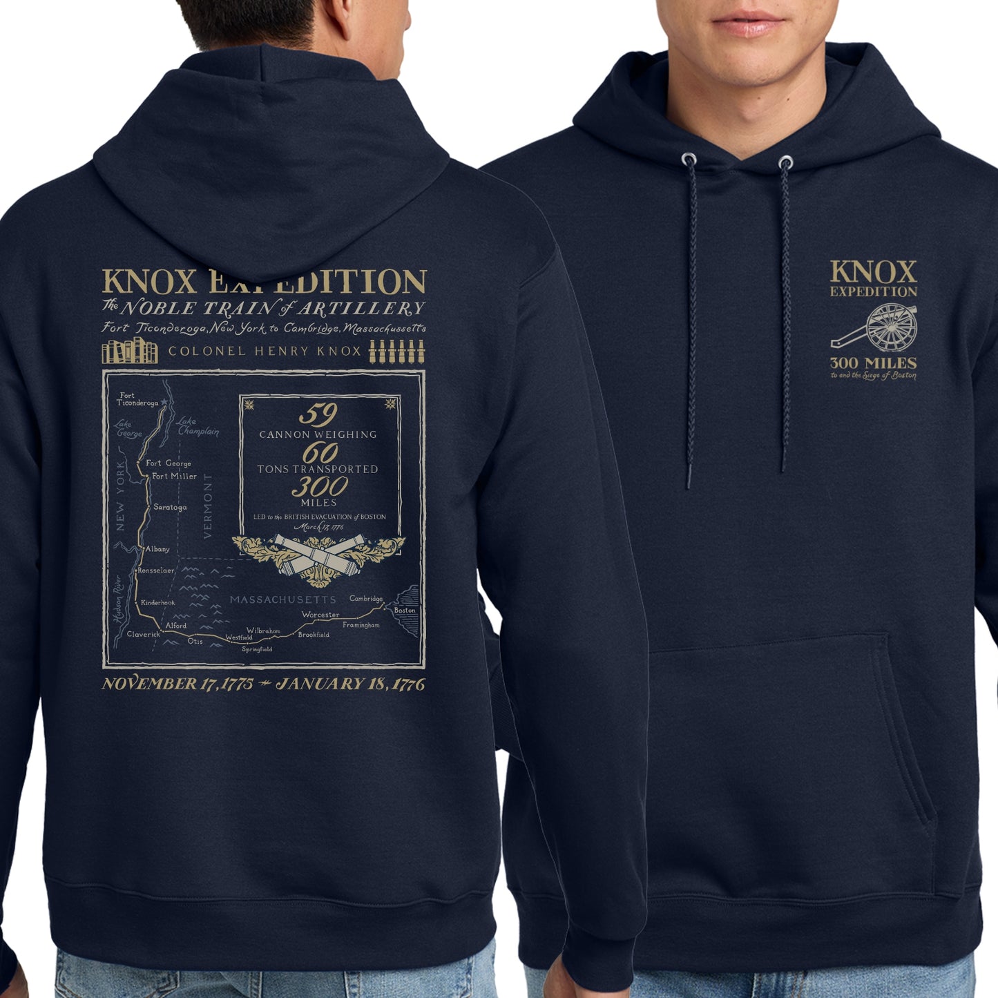 Henry Knox's Noble Train of Artillery Hooded sweatshirt in Navy Blue from The History List Store.