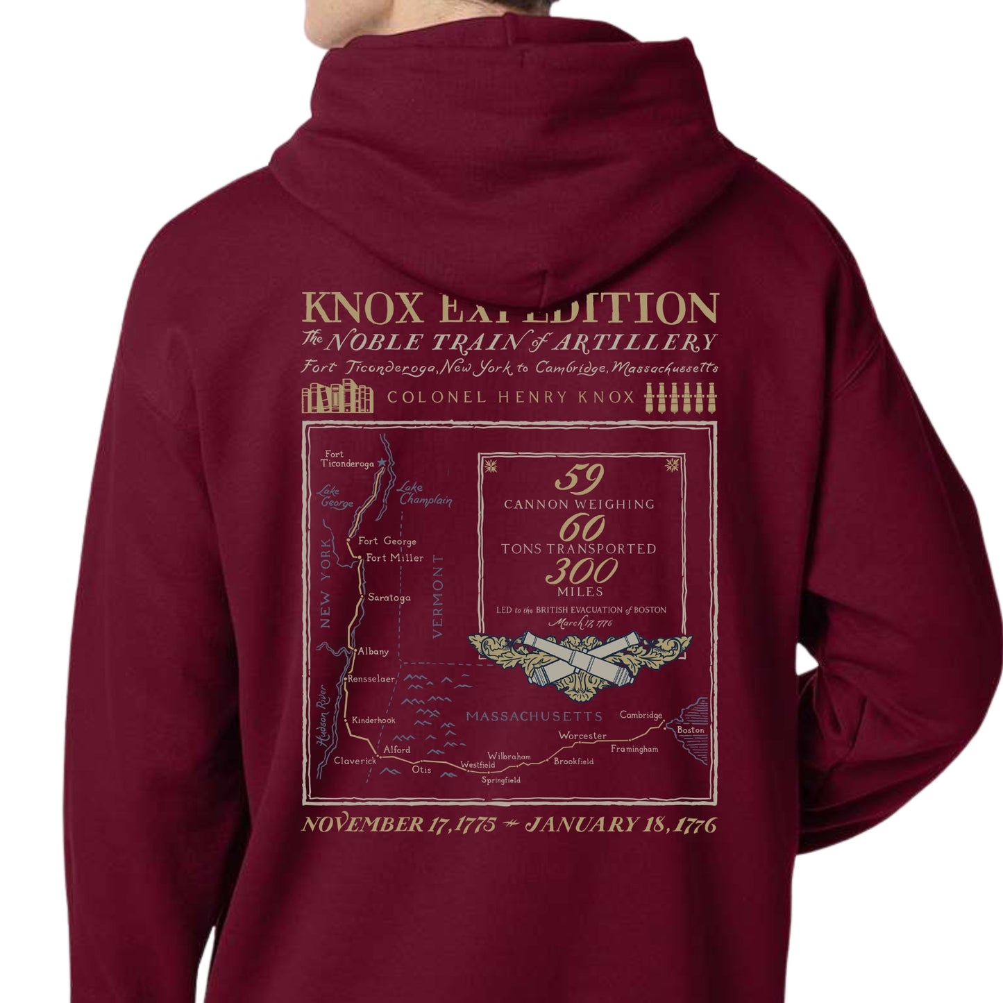 Henry Knox's Noble Train of Artillery Hooded sweatshirt in Cardinal from The History List Store.