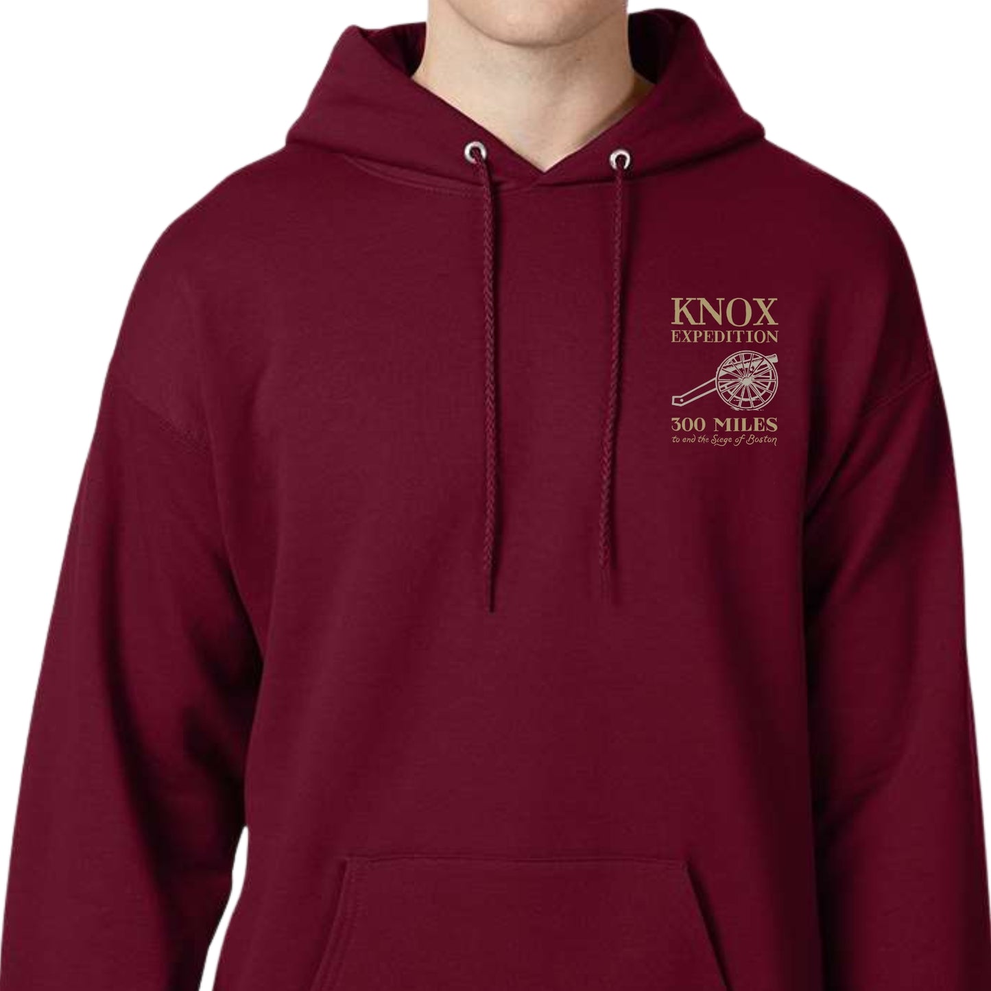 Front view of the Henry Knox's Noble Train of Artillery Hooded sweatshirt in Cardinal from The History List Store.