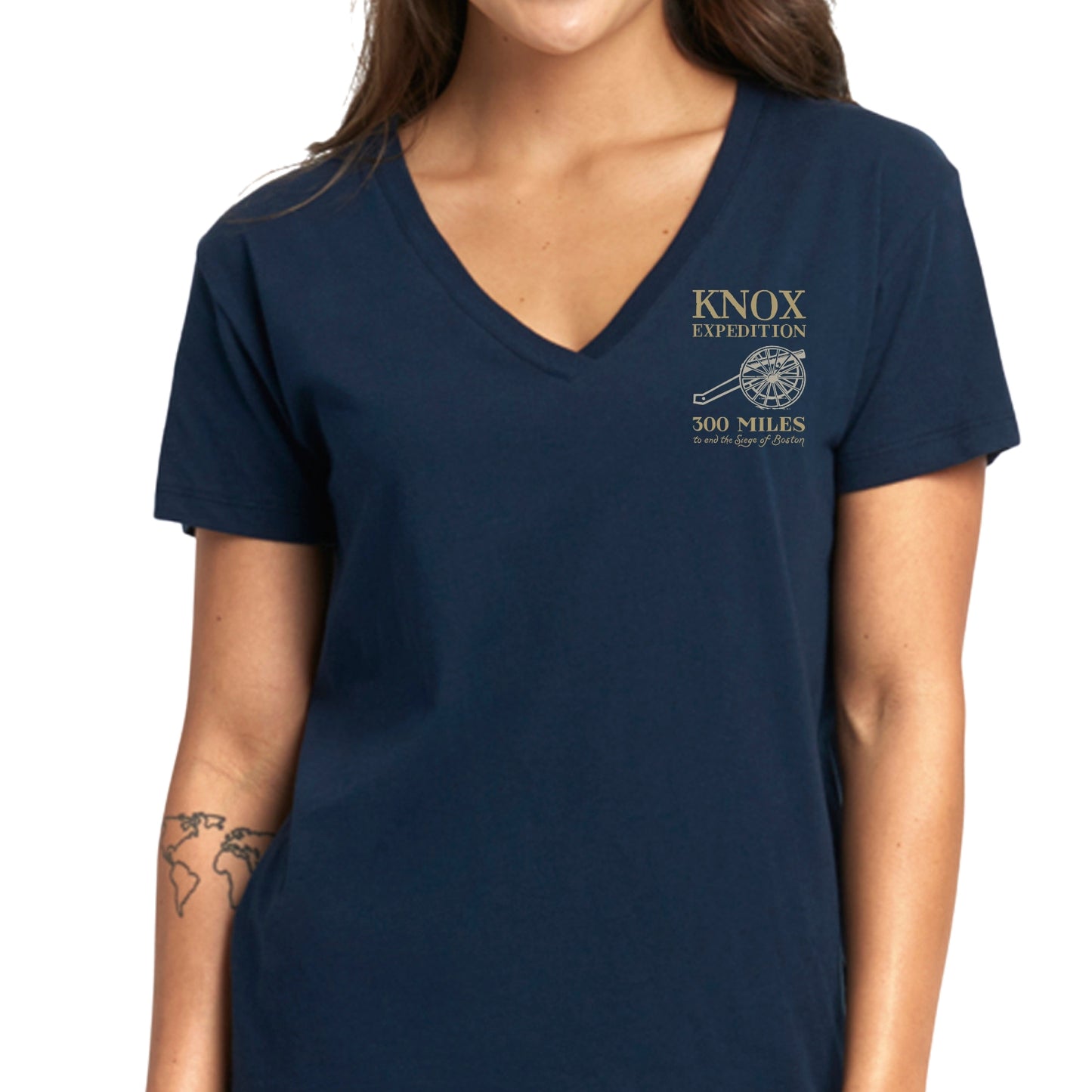 Front of the Henry Knox's Noble Train of Artillery Women's v-neck shirt in Navy from The History List Store.