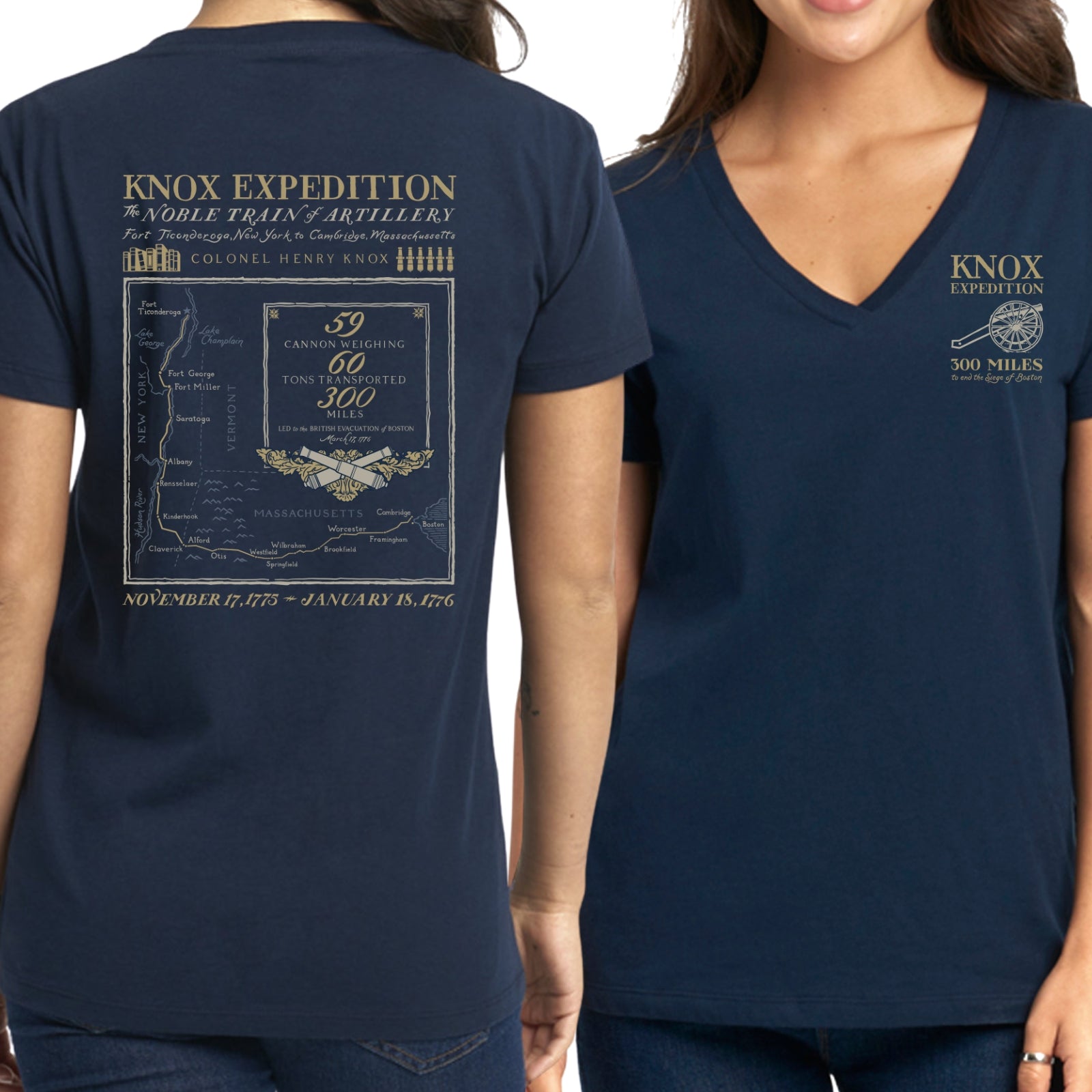 Henry Knox's Noble Train of Artillery Women's v-neck shirt in Navy from The History List Store.