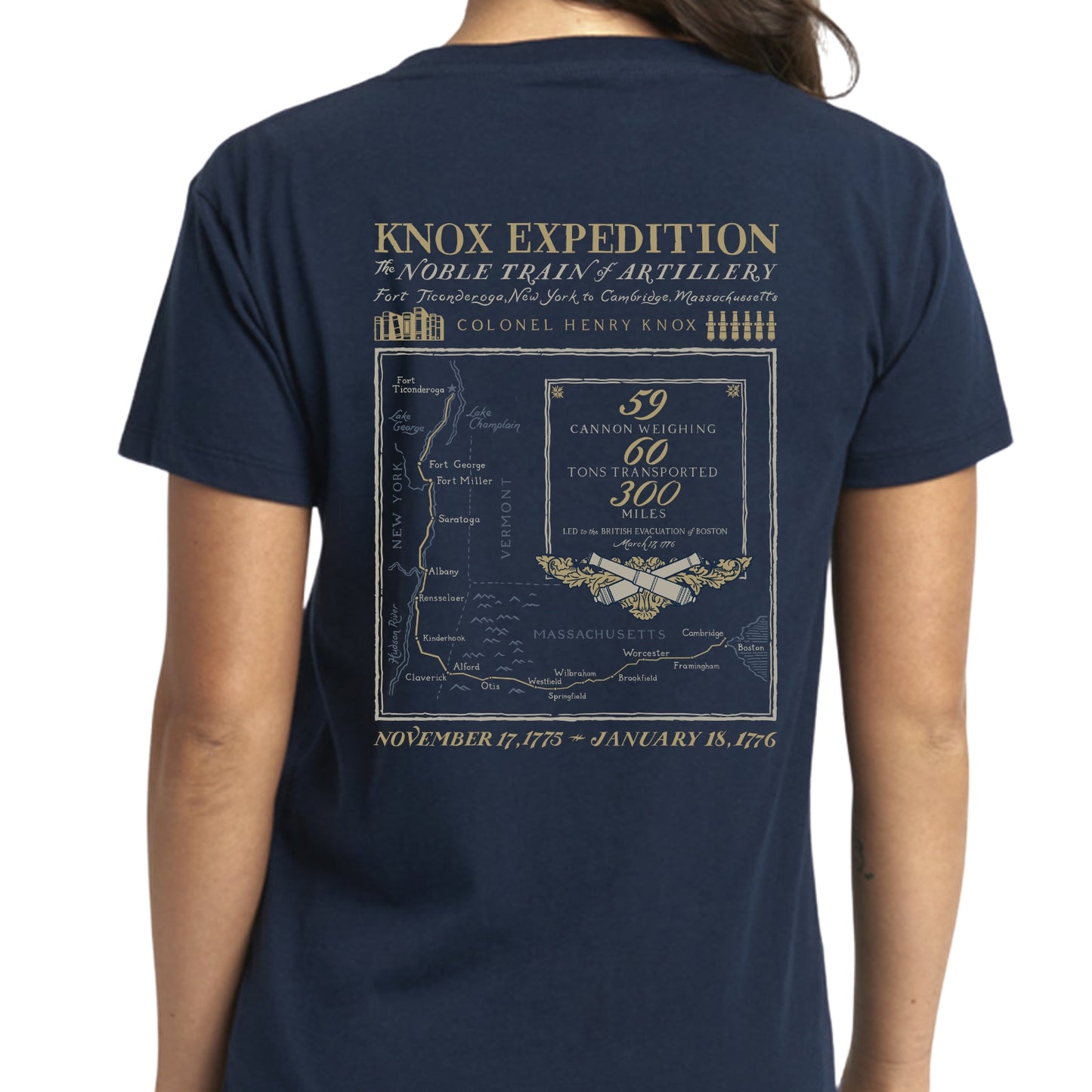 Henry Knox's Noble Train of Artillery Women's v-neck shirt in Navy from The History List Store.