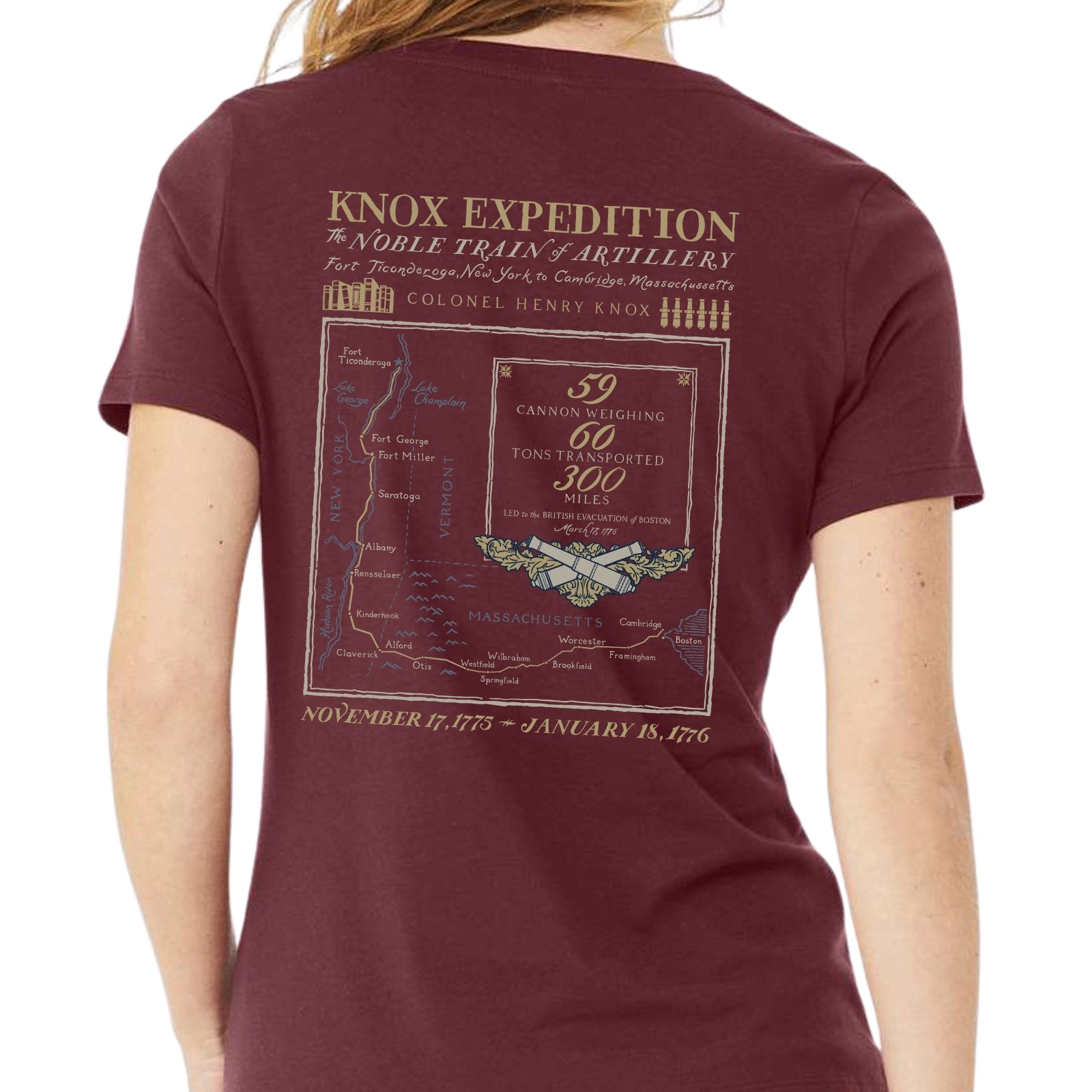 Back of the Henry Knox's Noble Train of Artillery Women's v-neck shirt in Cardinal from The History List Store.