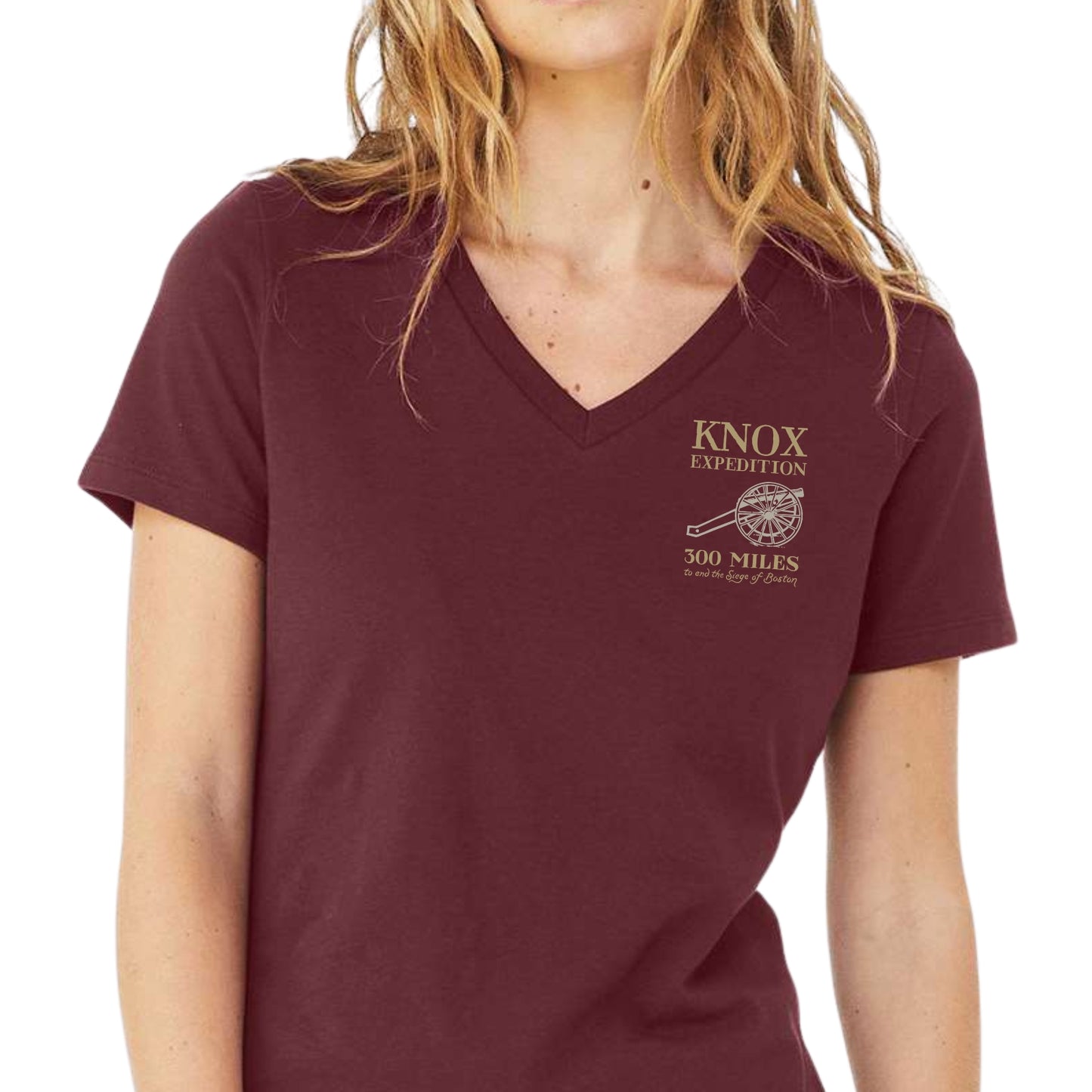 Front view of the Henry Knox's Noble Train of Artillery Women's v-neck shirt in Cardinal  from The History List Store.