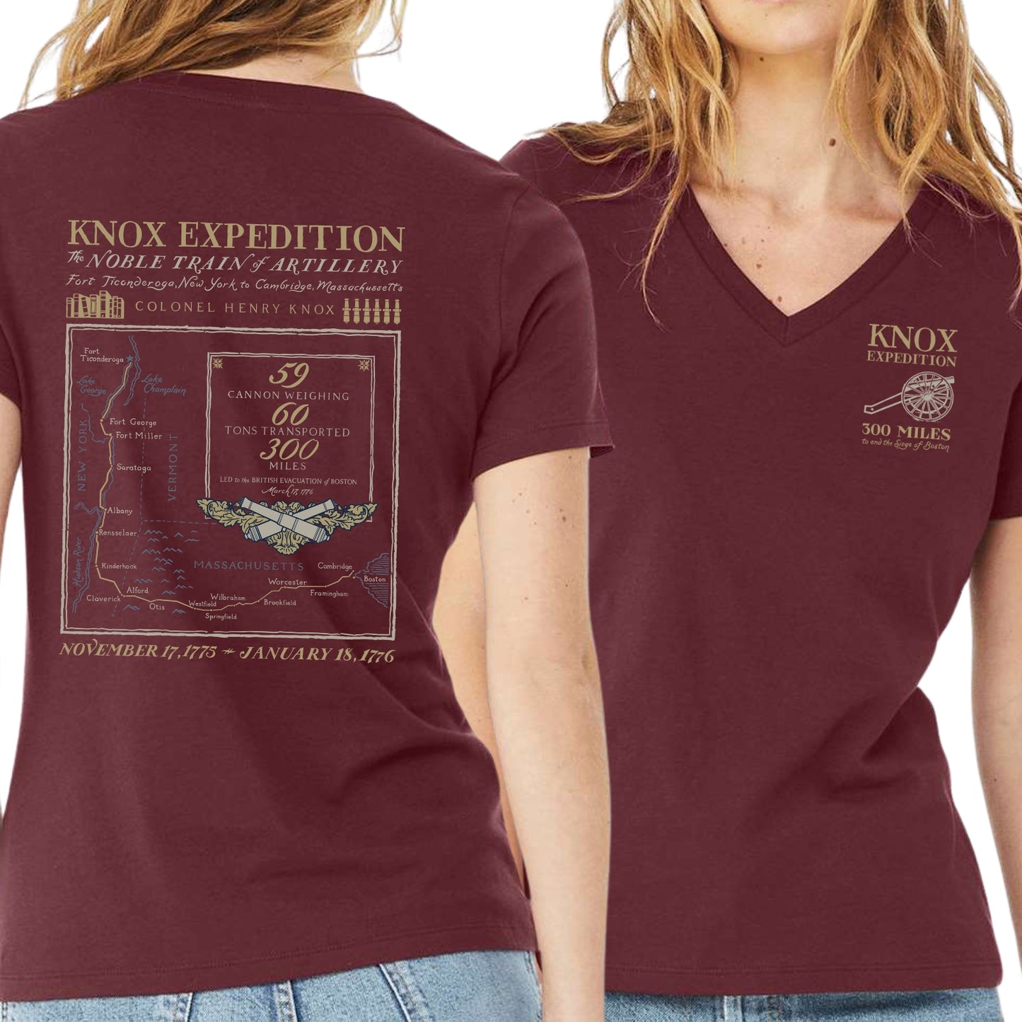 Henry Knox's Noble Train of Artillery Women's v-neck shirt in Cardinal from The History List Store.
