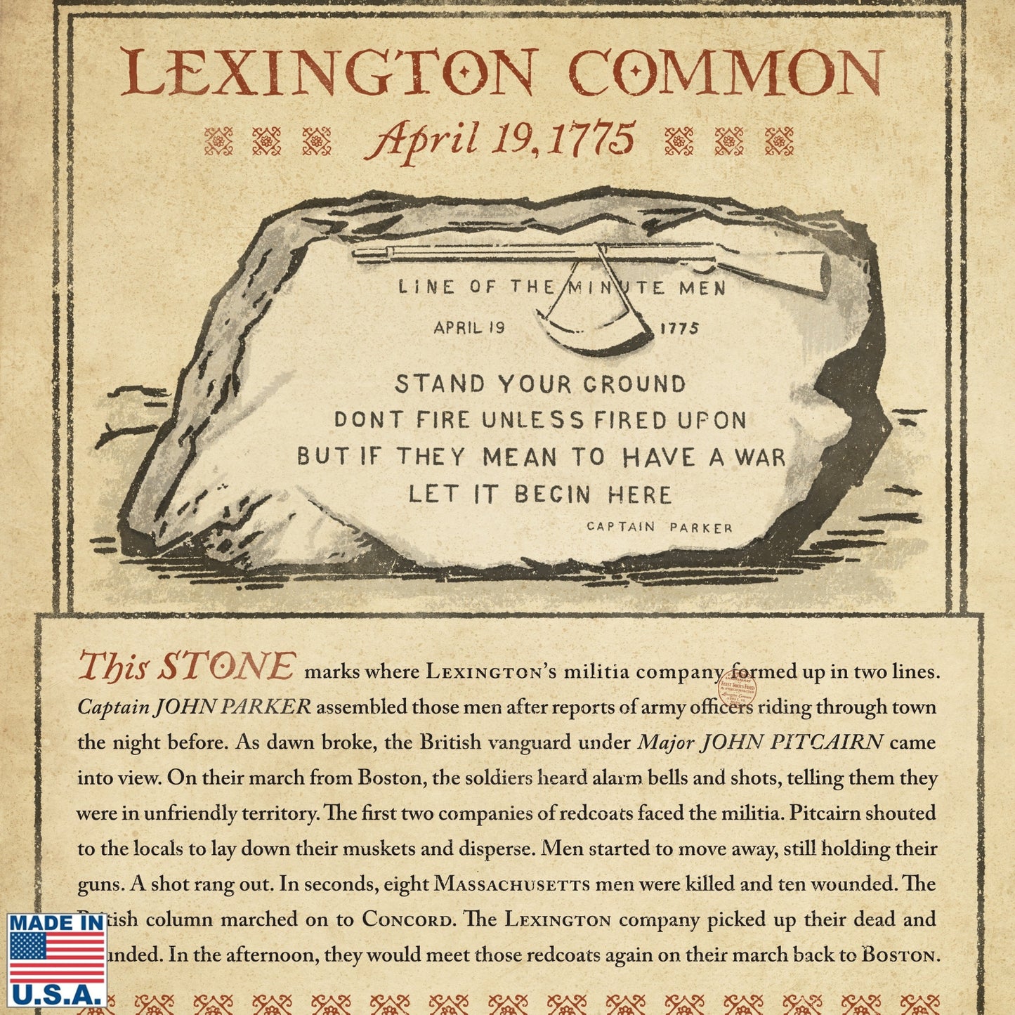 Close-up of "Lexington Common — First Shots Fired" 250th Anniversary Limited edition framed print from The History List store