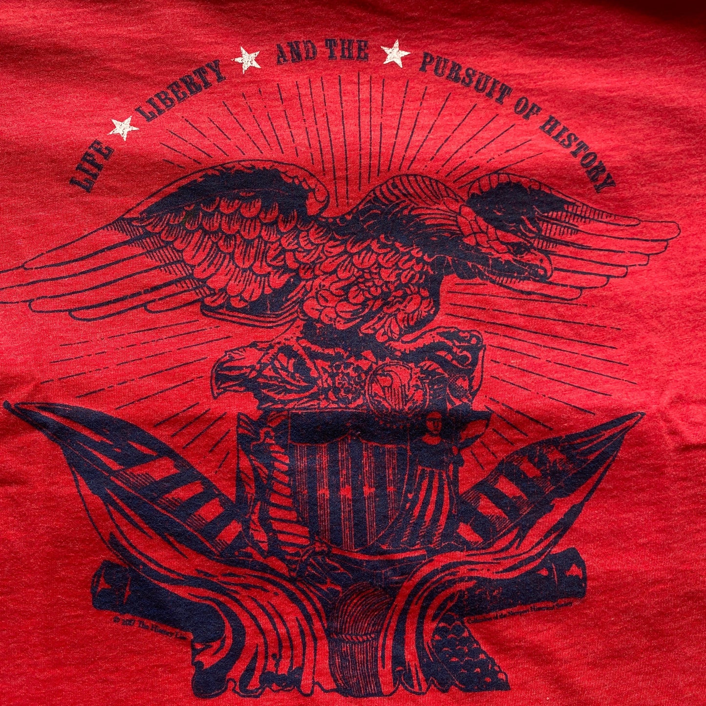 Close-up of the "Life, liberty, and the pursuit of history" T-Shirt from The History List store in Light red heather