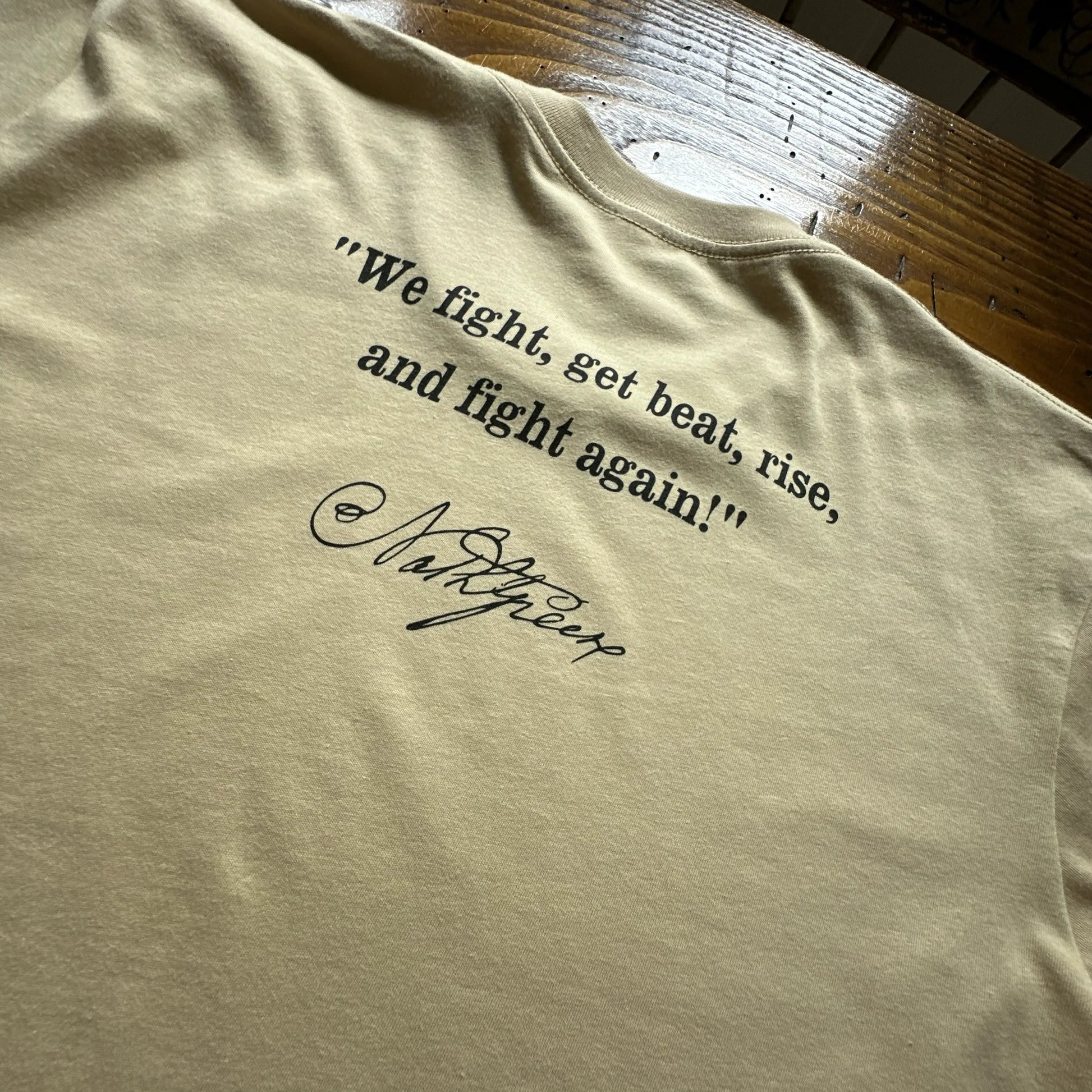 Close-up detail of Back view of the Nathanael Greene "We fight!" shirt — Made in America from The History List Store.