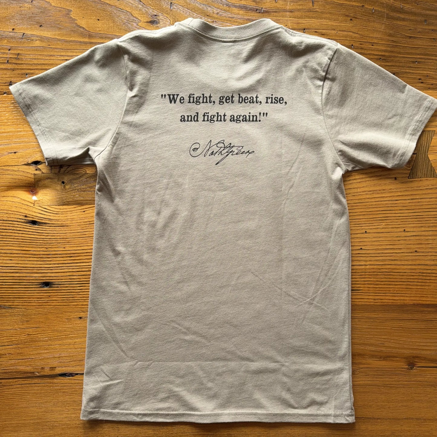 Back view of the Nathanael Greene "We fight!" shirt — Made in America in Coyote Brown from The History List Store.