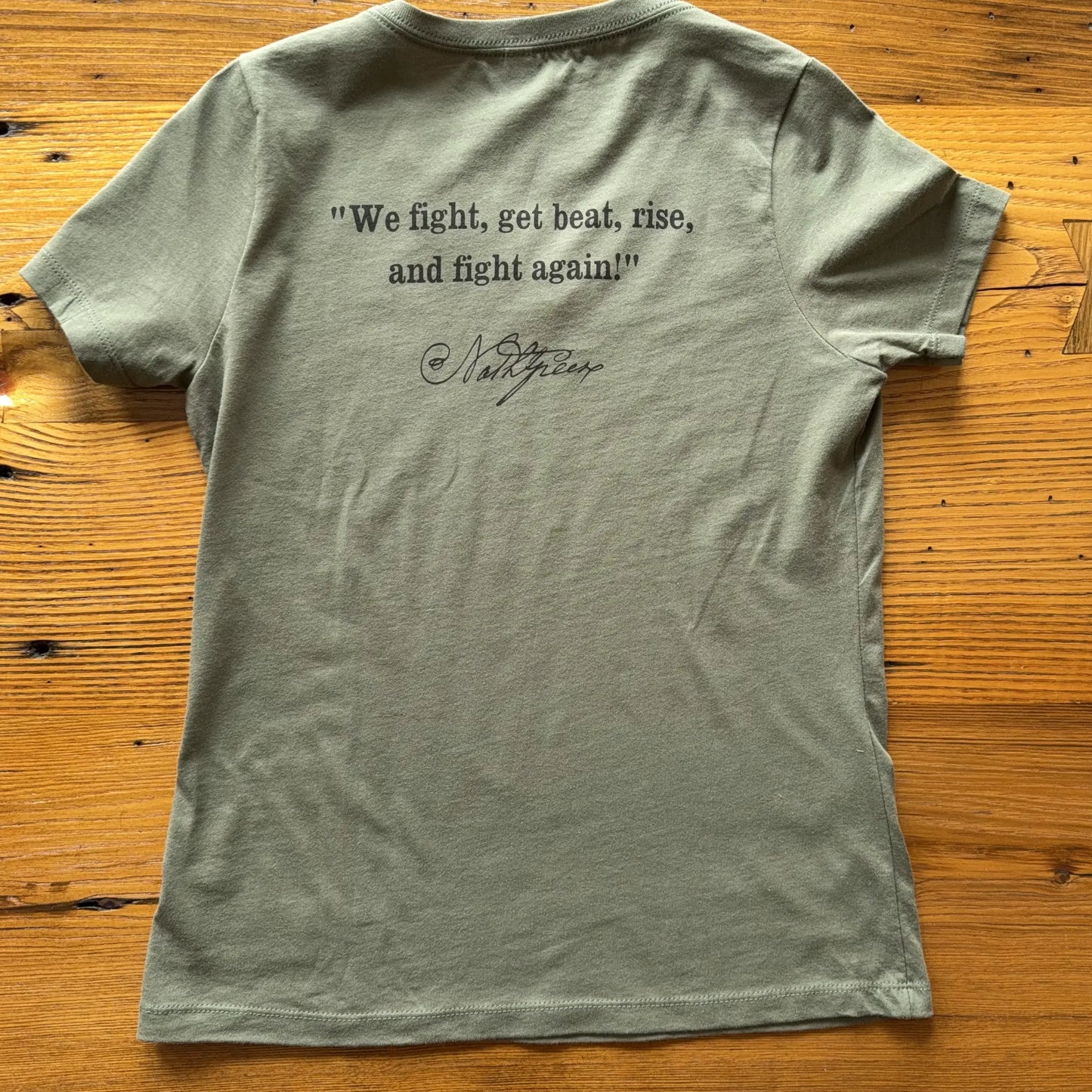Back view of the Nathanael Greene "We fight!" — Women's v-neck shirt from The History List Store.