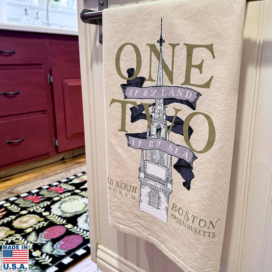 "One if by land" Tea towel celebrating the midnight ride of Paul Revere — Made in America