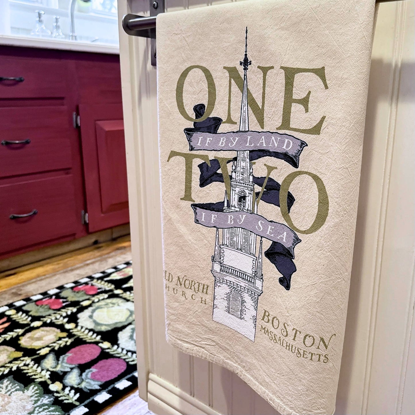 "One if by land" Tea towel celebrating the midnight ride of Paul Revere — Made in America