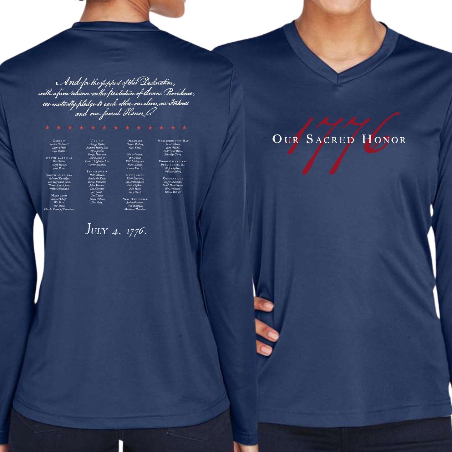 "Our Sacred Honor" Declaration of Independence 1776 on moisture-wicking 100% polyester interlock with SPF 40+ UV protection - Long-sleeved