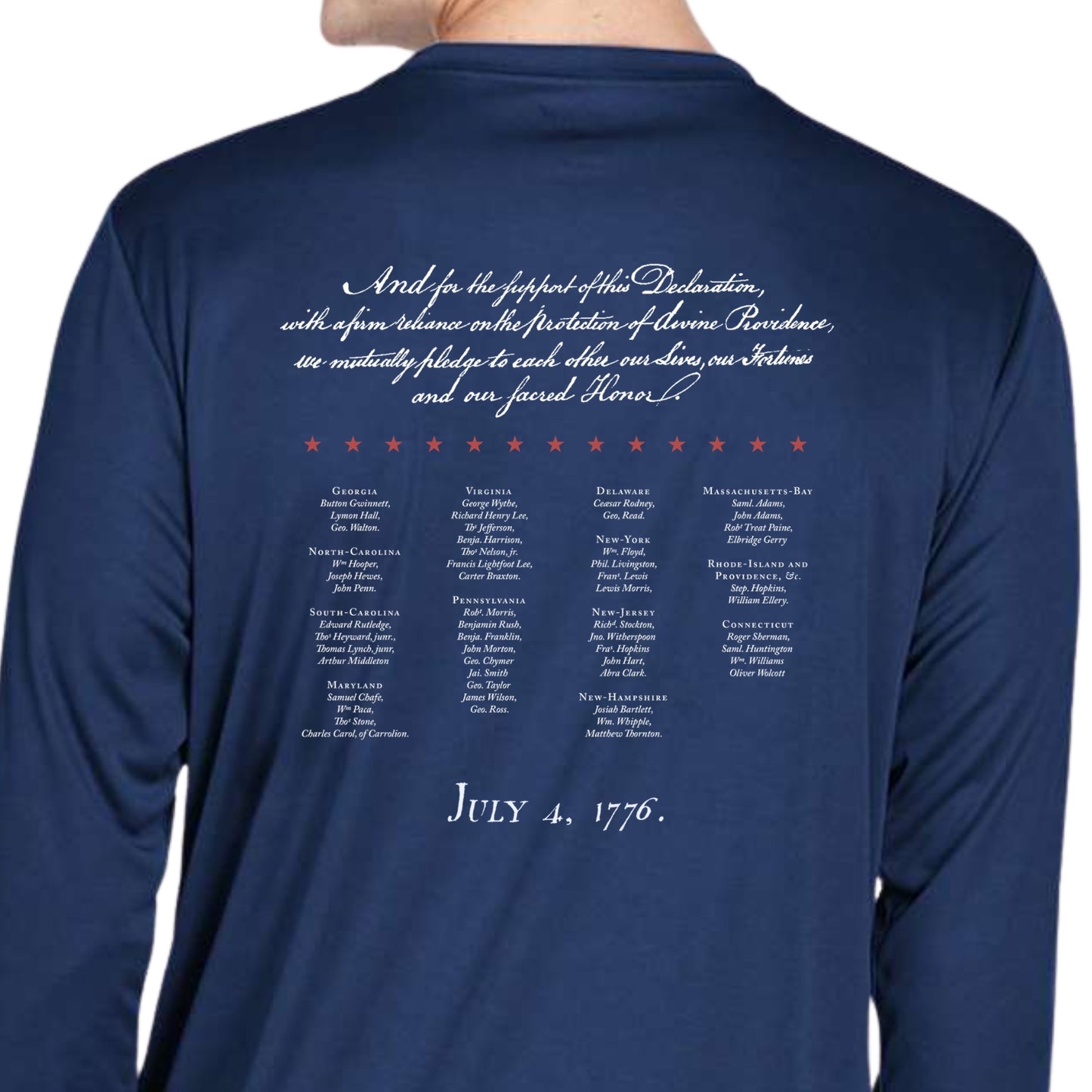 "Our Sacred Honor" Declaration of Independence 1776 on moisture-wicking 100% polyester interlock with SPF 40+ UV protection - Long-sleeved